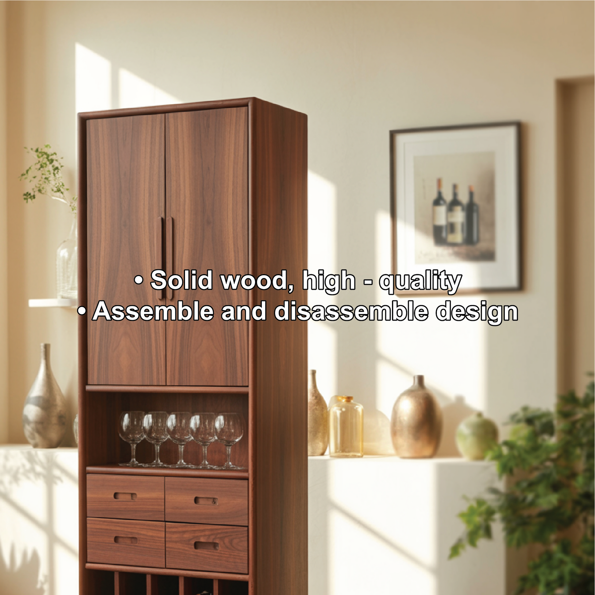 Handcrafted Solid Wood Dining Cabinet with Tall Doors, Wine Storage Grid and Four Drawers Kitchnce