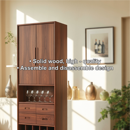 Handcrafted Solid Wood Dining Cabinet with Tall Doors, Wine Storage Grid and Four Drawers Kitchnce