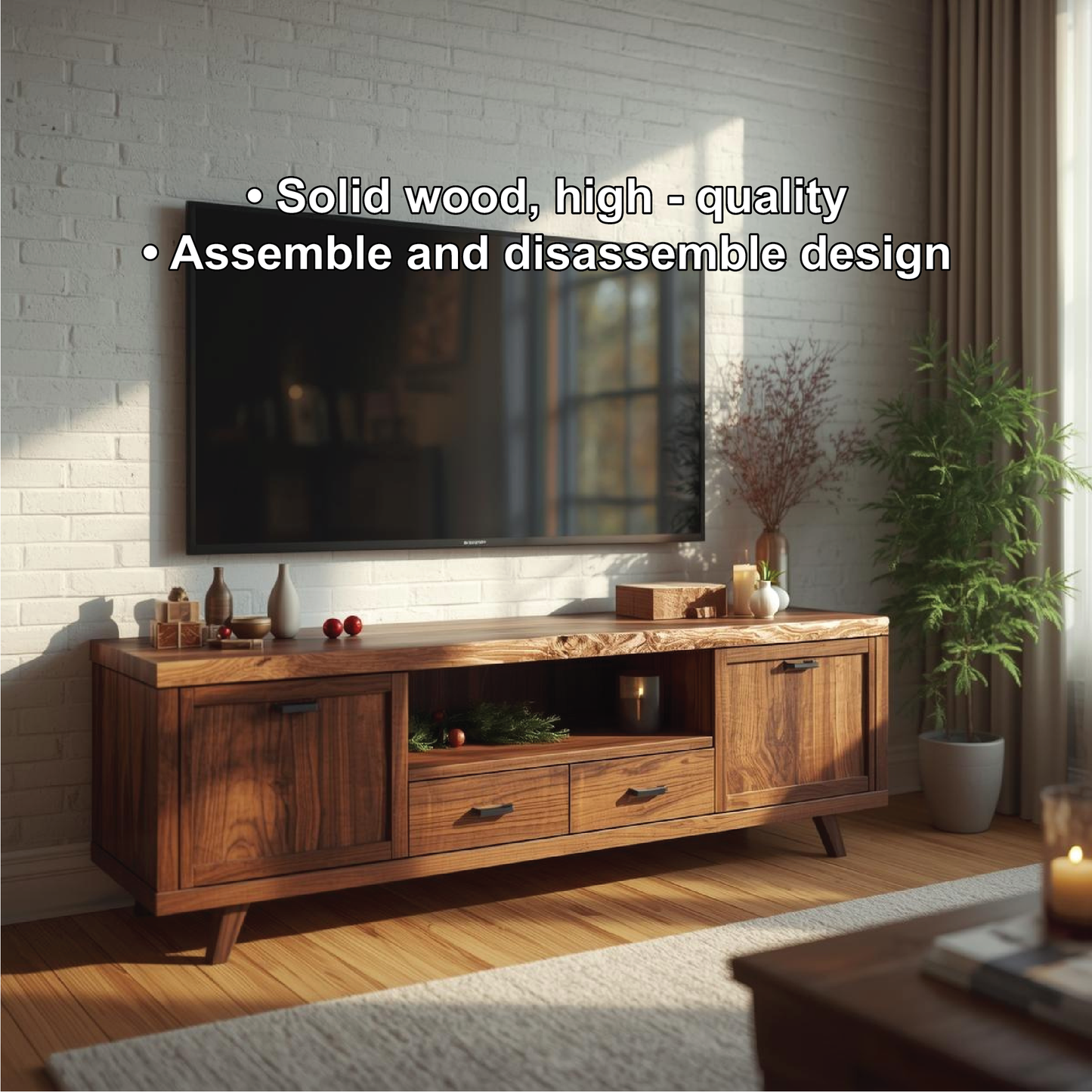 Handcrafted Solid Wood TV Stand with Natural Live Edge and Rustic Modern Storage Design Kitchnce