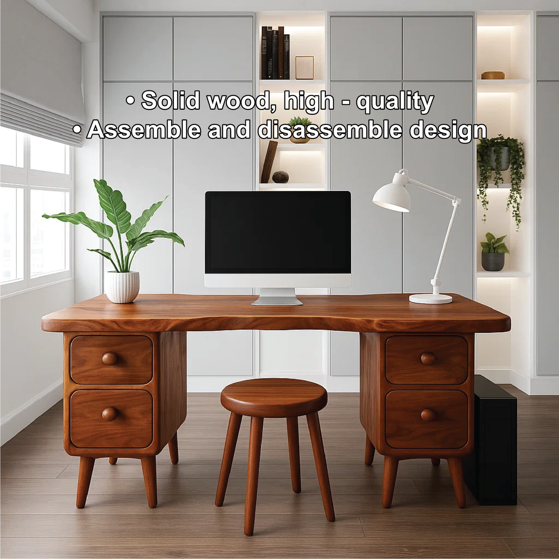 Handcrafted Solid Wood Office Desk – Mid-Century Modern Work Table with Curved Live Edge Design Kitchnce