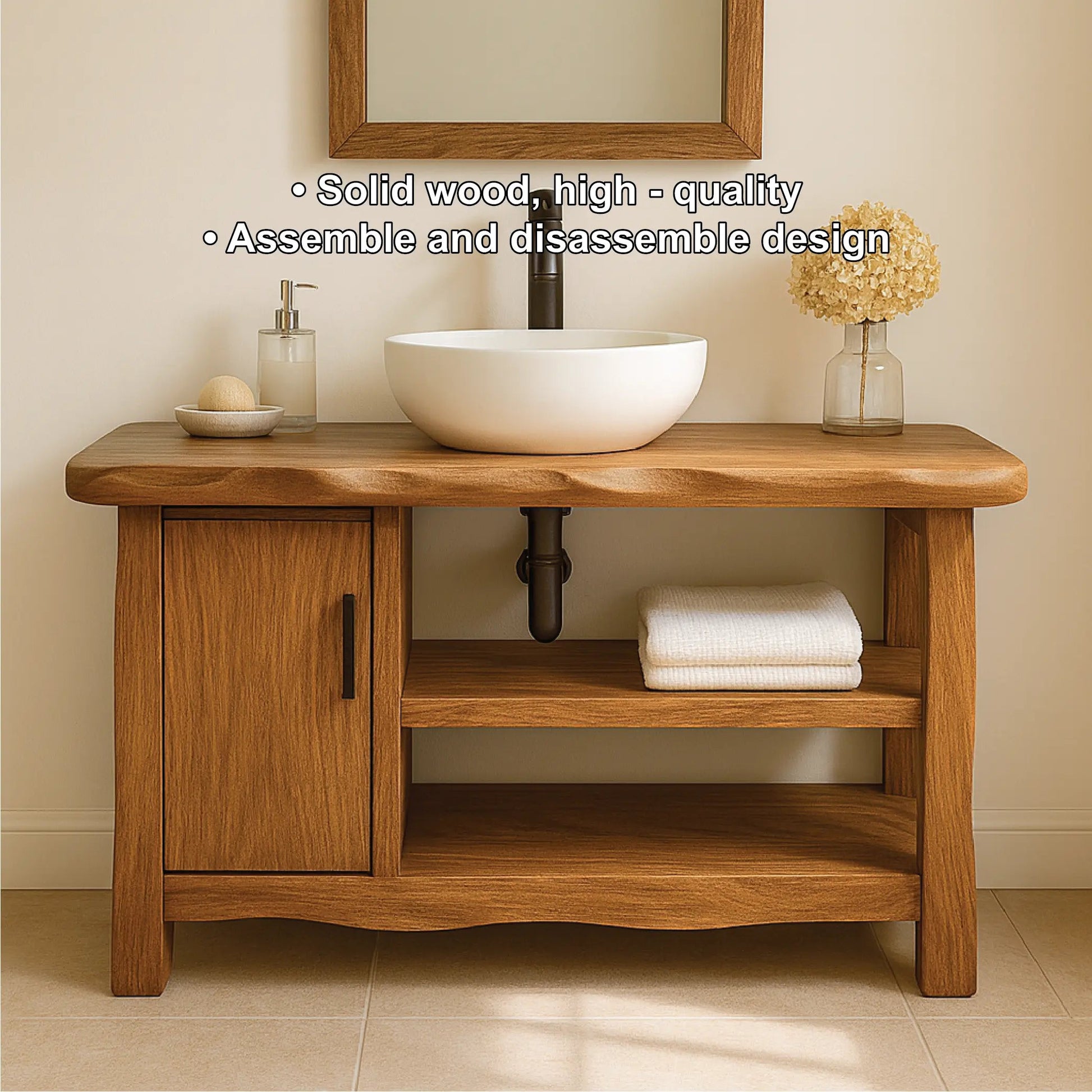 Handcrafted Solid Wood Bathroom Vanity with Cabinet and Open Shelves for Natural Minimal Interiors Kitchnce