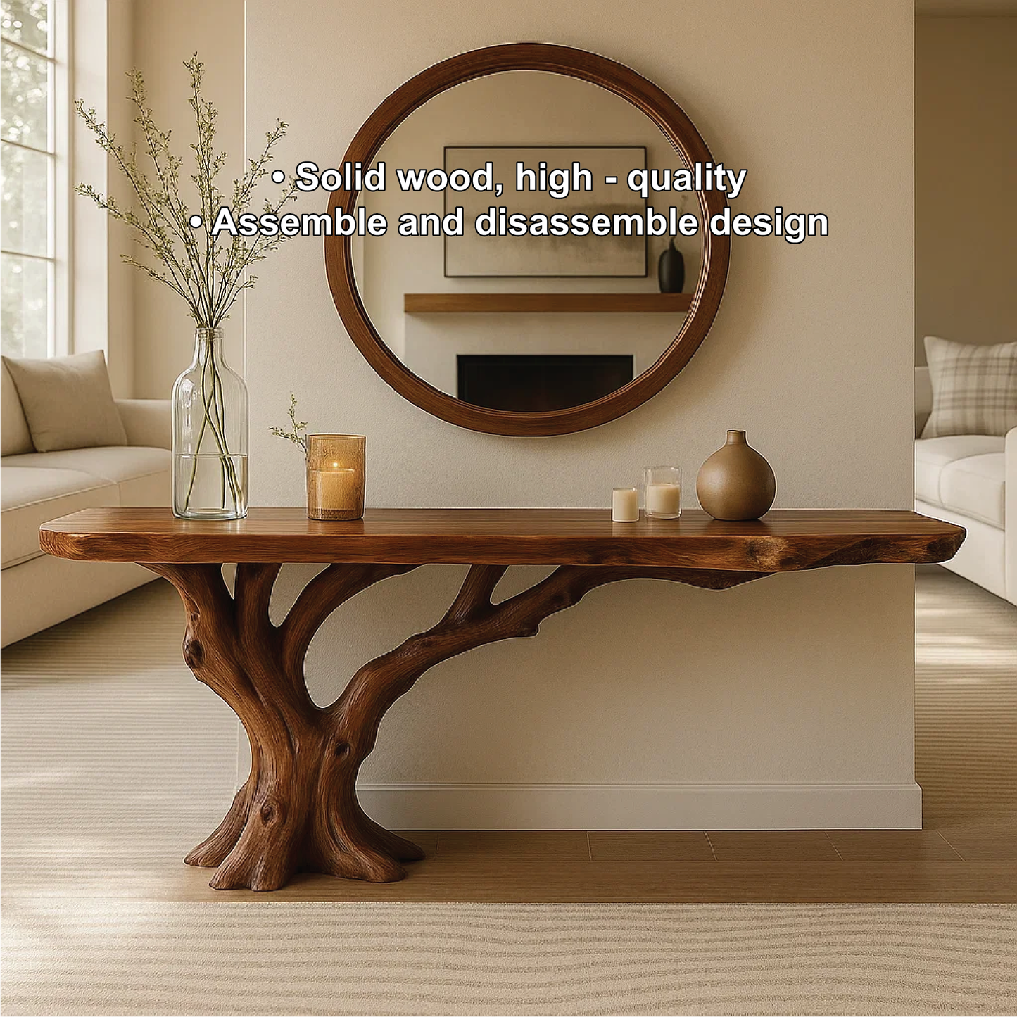 Handcrafted Solid Wood Console Table with Tree Trunk Base and Natural Live Edge Design Kitchnce