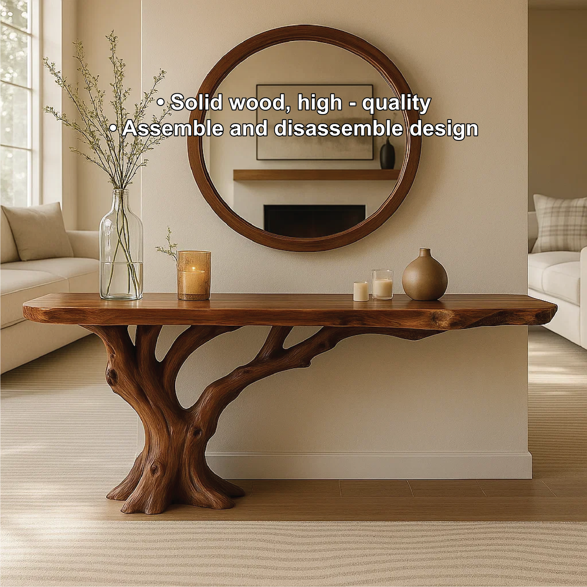 Handcrafted Solid Wood Console Table with Tree Trunk Base and Natural Live Edge Design Kitchnce