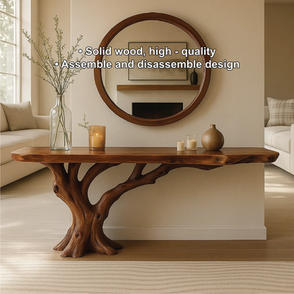 Handcrafted Solid Wood Console Table with Tree Trunk Base and Natural Live Edge Design Kitchnce