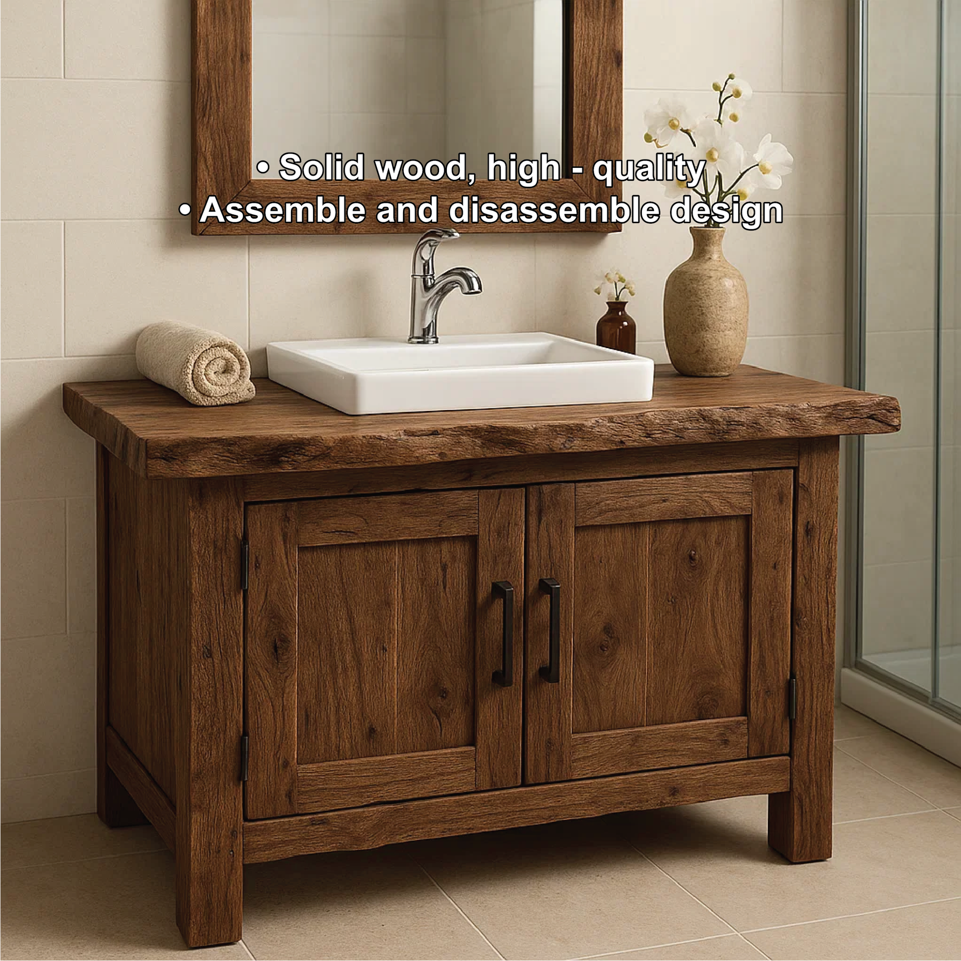 Rustic Handcrafted Solid Wood Bathroom Vanity with Natural Live Edge Top and Double Doors Kitchnce