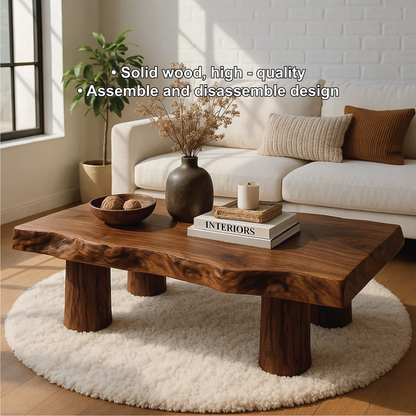 Handcrafted Solid Wood Coffee Table with Organic Live Edge and Cylindrical Leg Design Kitchnce