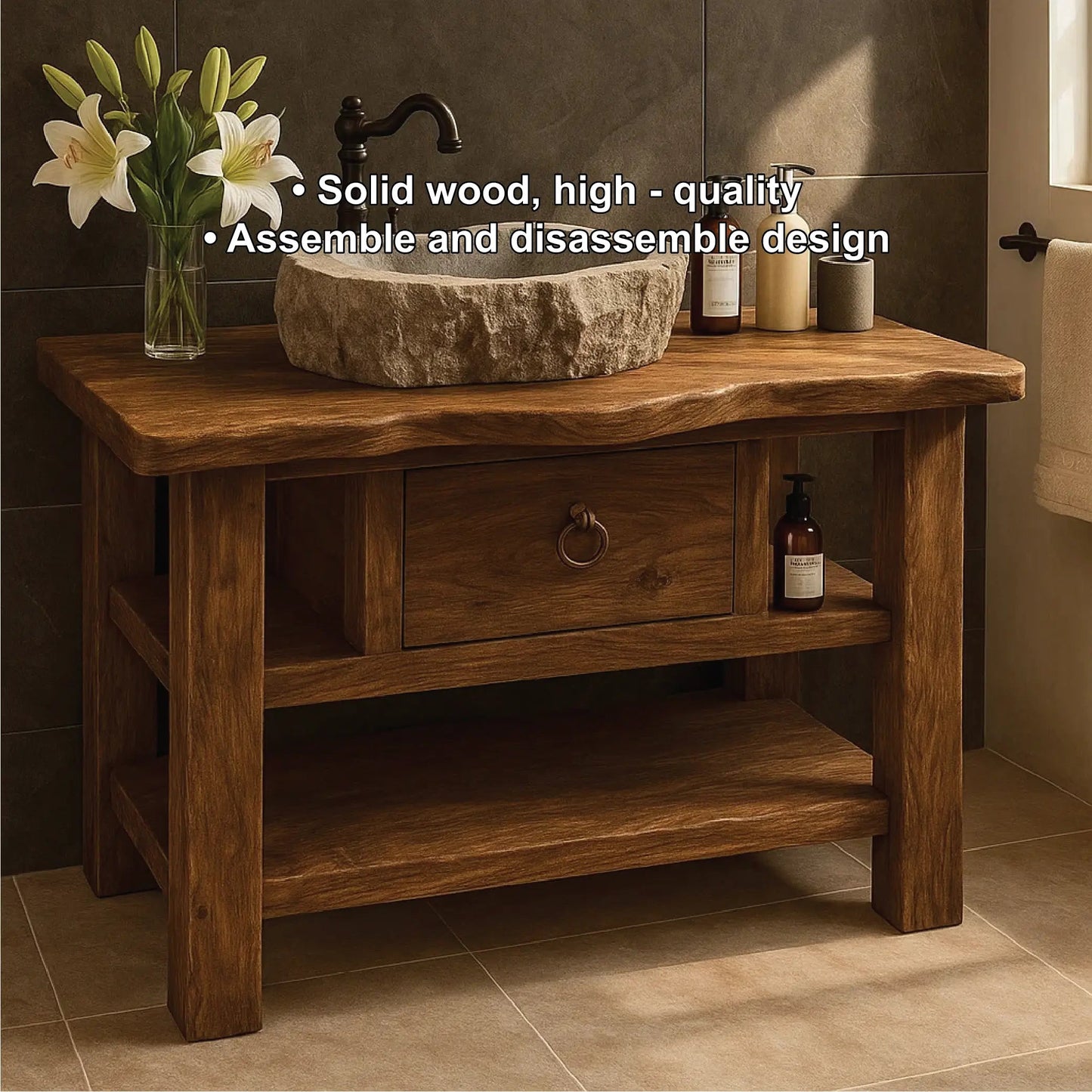 Handcrafted Solid Wood Bathroom Vanity with Drawer and Shelves for Rustic Natural Interior Design Kitchnce