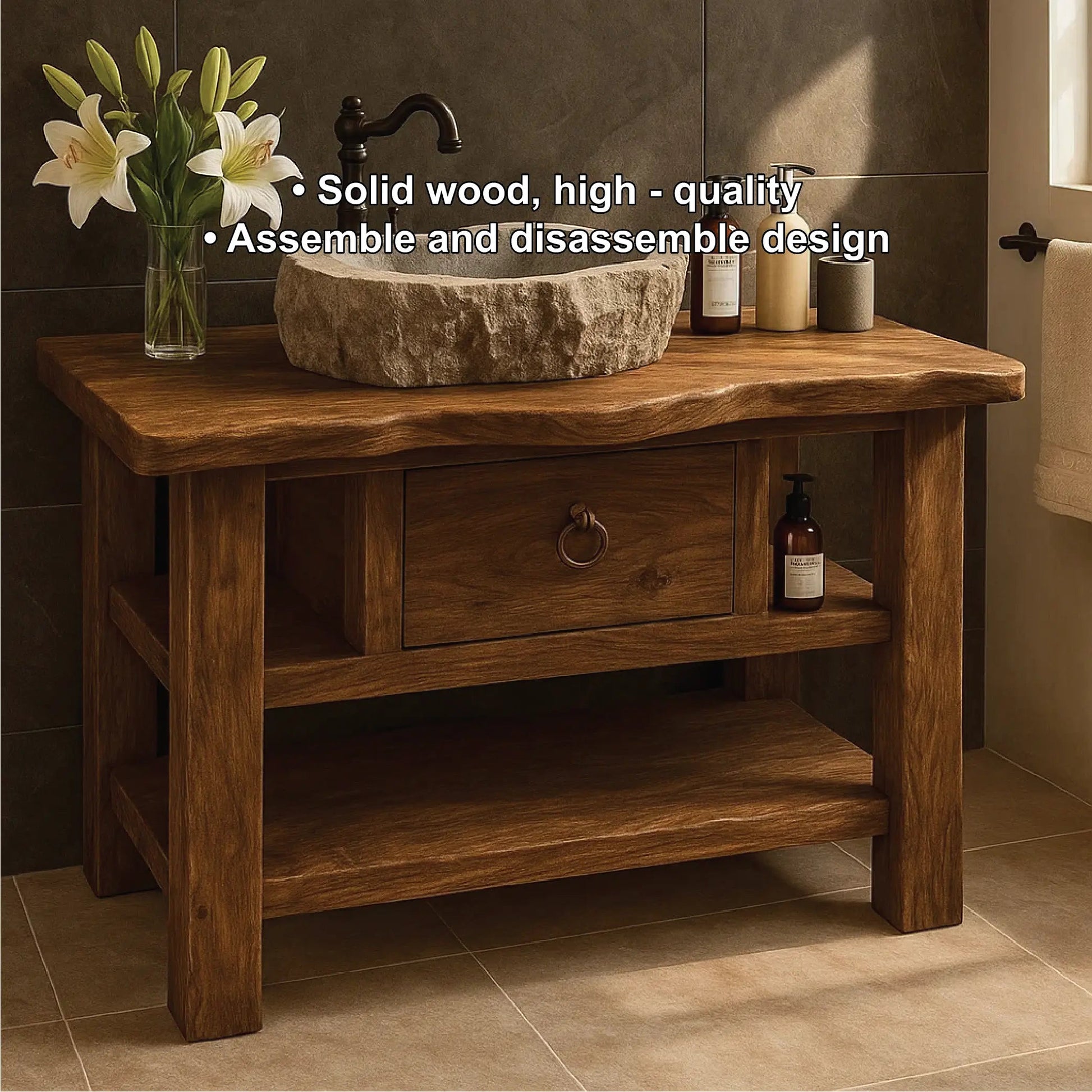 Handcrafted Solid Wood Bathroom Vanity with Drawer and Shelves for Rustic Natural Interior Design Kitchnce
