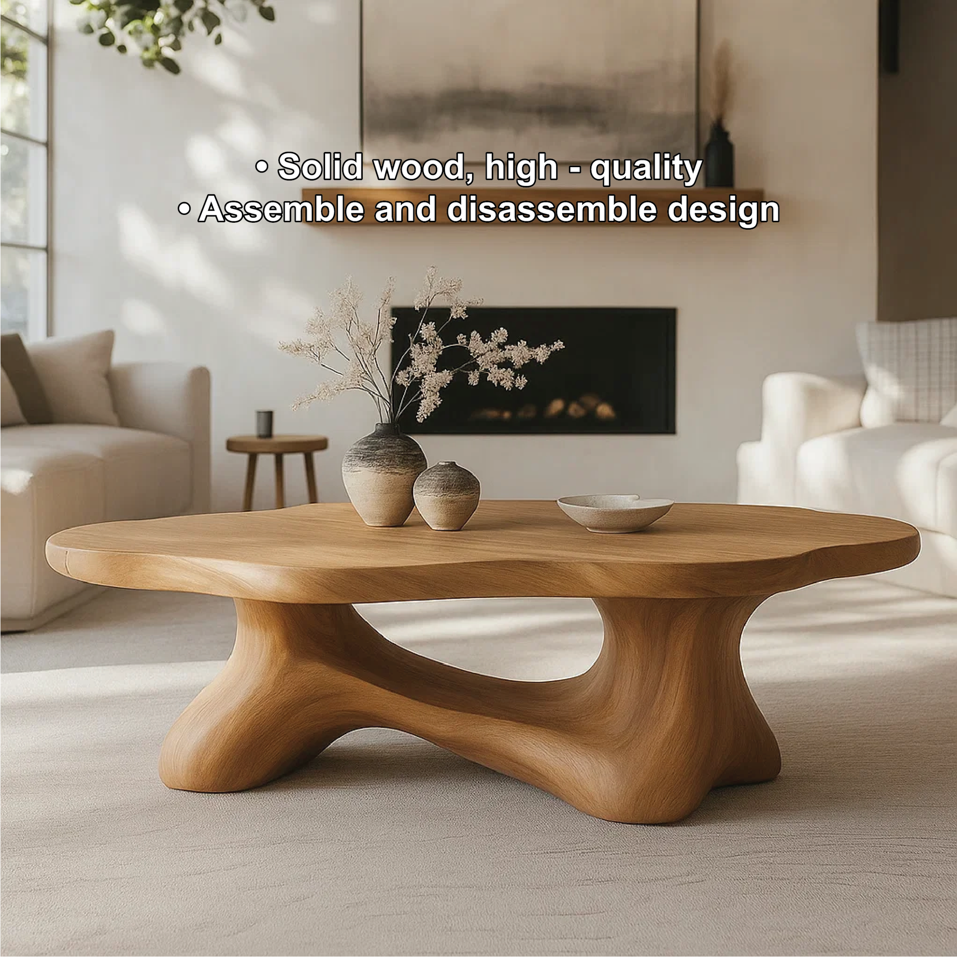 Handcrafted Solid Wood Coffee Table with Smooth Organic Form and Contemporary Sculptural Base Kitchnce