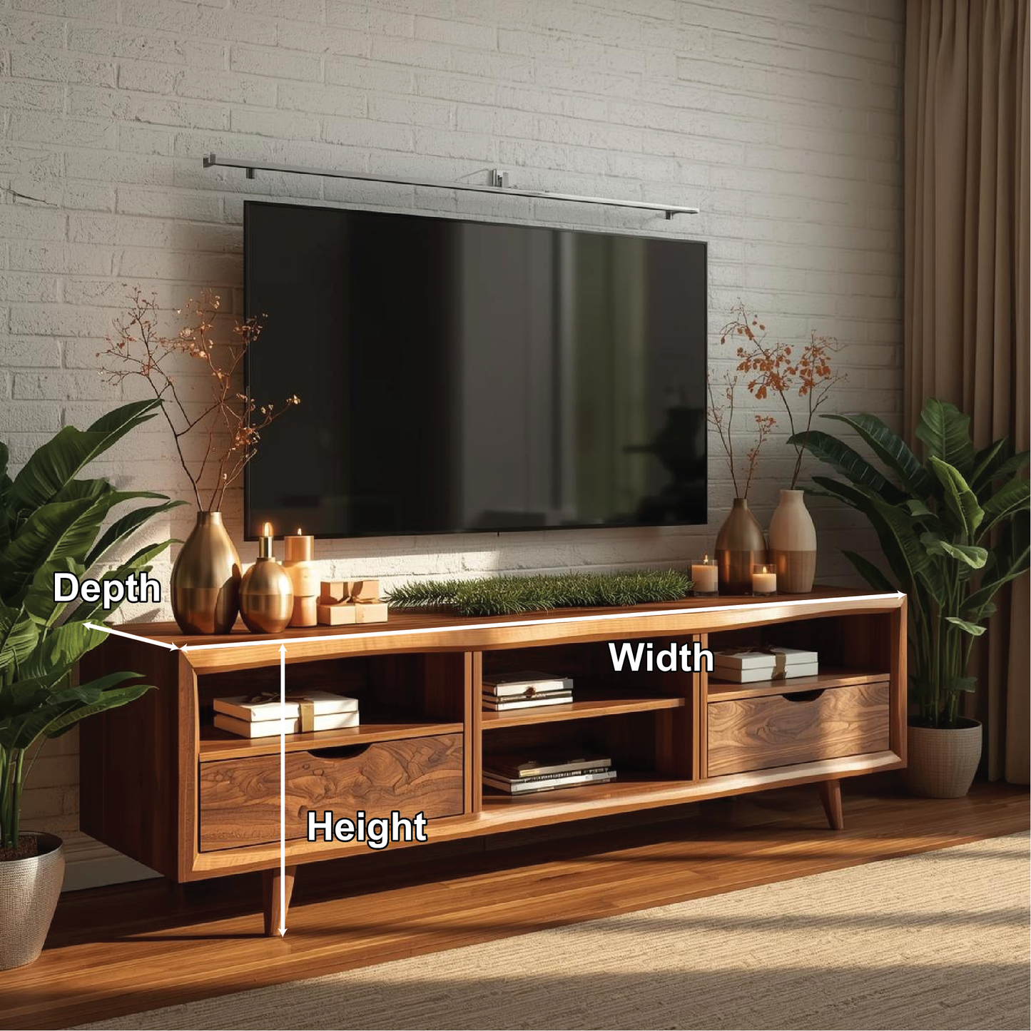 Handcrafted Solid Wood TV Stand with Mid-Century Modern Design and Natural Walnut Finish Kitchnce