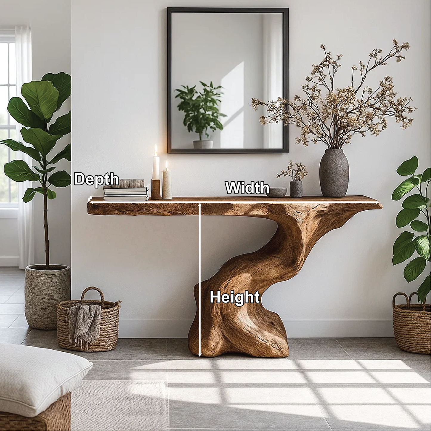 Handcrafted Solid Wood Console Table with Organic Sculpted Base and Natural Live Edge Design Kitchnce