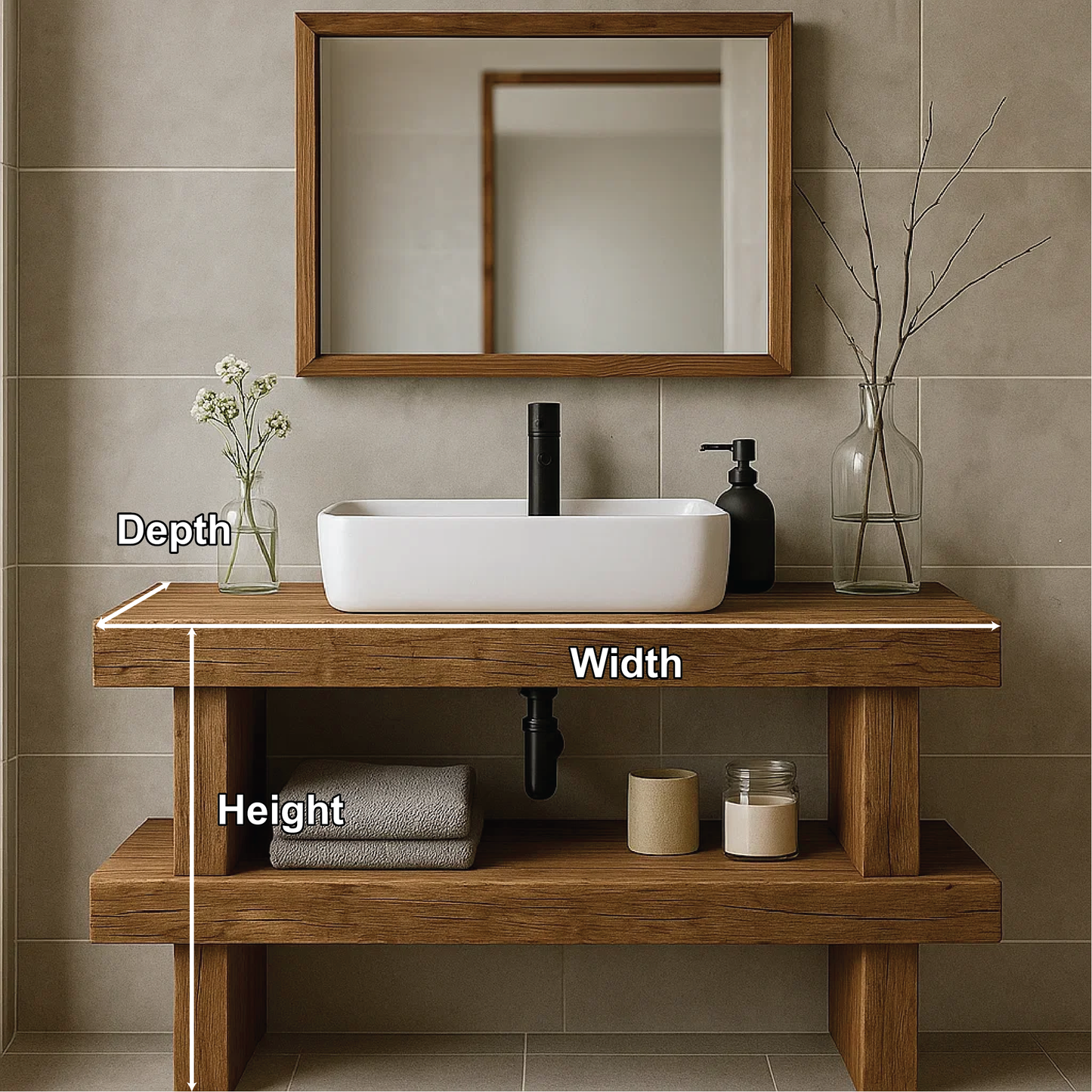 Minimalist Handcrafted Solid Wood Bathroom Vanity with Open Shelf and Modern Rustic Design Kitchnce