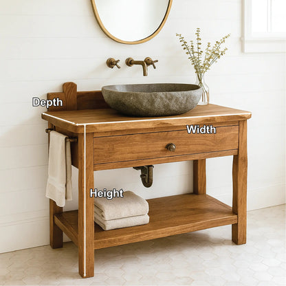 Handcrafted Solid Wood Bathroom Vanity with Drawer and Shelf for Rustic Farmhouse Interior Design Kitchnce