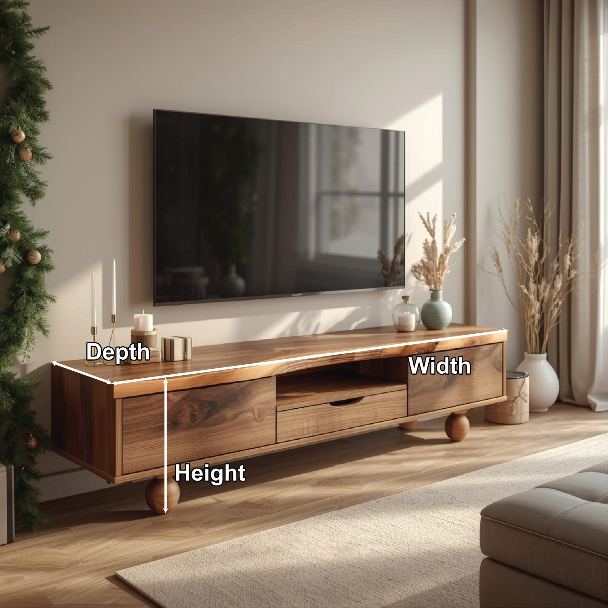 Handcrafted Solid Wood TV Stand with Natural Live Edge Design and Unique Round Wooden Legs Kitchnce