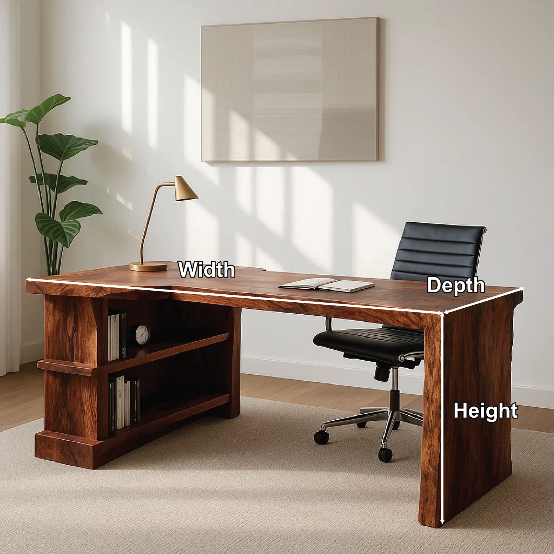 Handcrafted Solid Wood Executive Work Desk with Live-Edge Design and Built-In Open Shelving Kitchnce