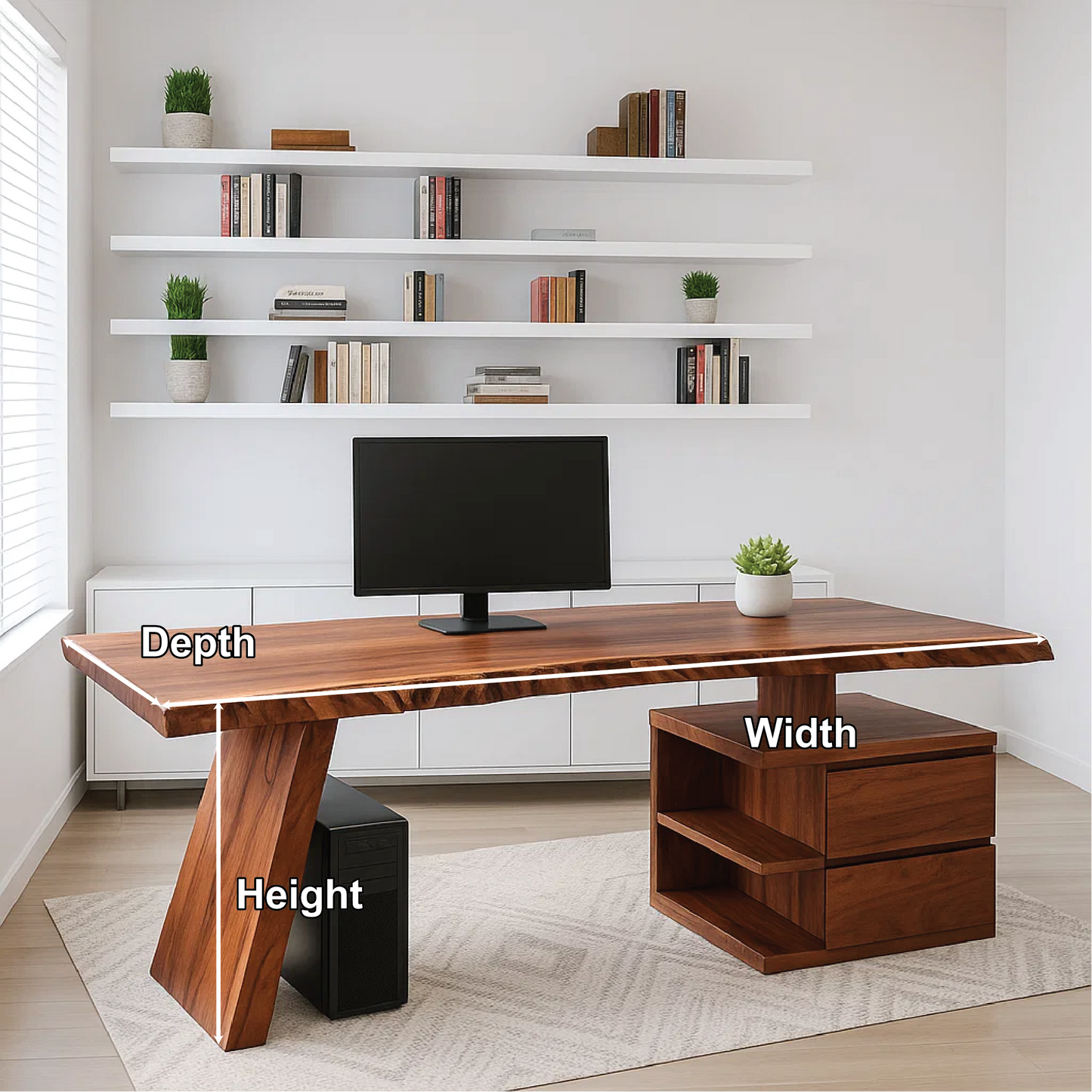 Handcrafted Solid Wood Work Desk – Live Edge Executive Office Table with Modern Asymmetric Base Kitchnce