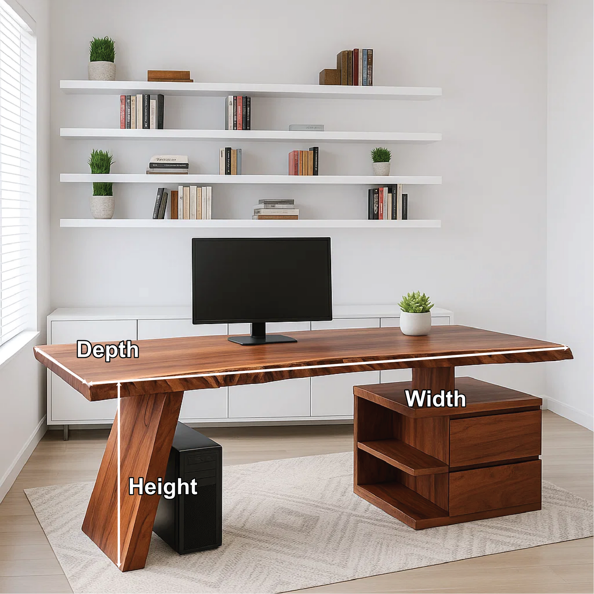 Handcrafted Solid Wood Work Desk – Live Edge Executive Office Table with Modern Asymmetric Base Kitchnce