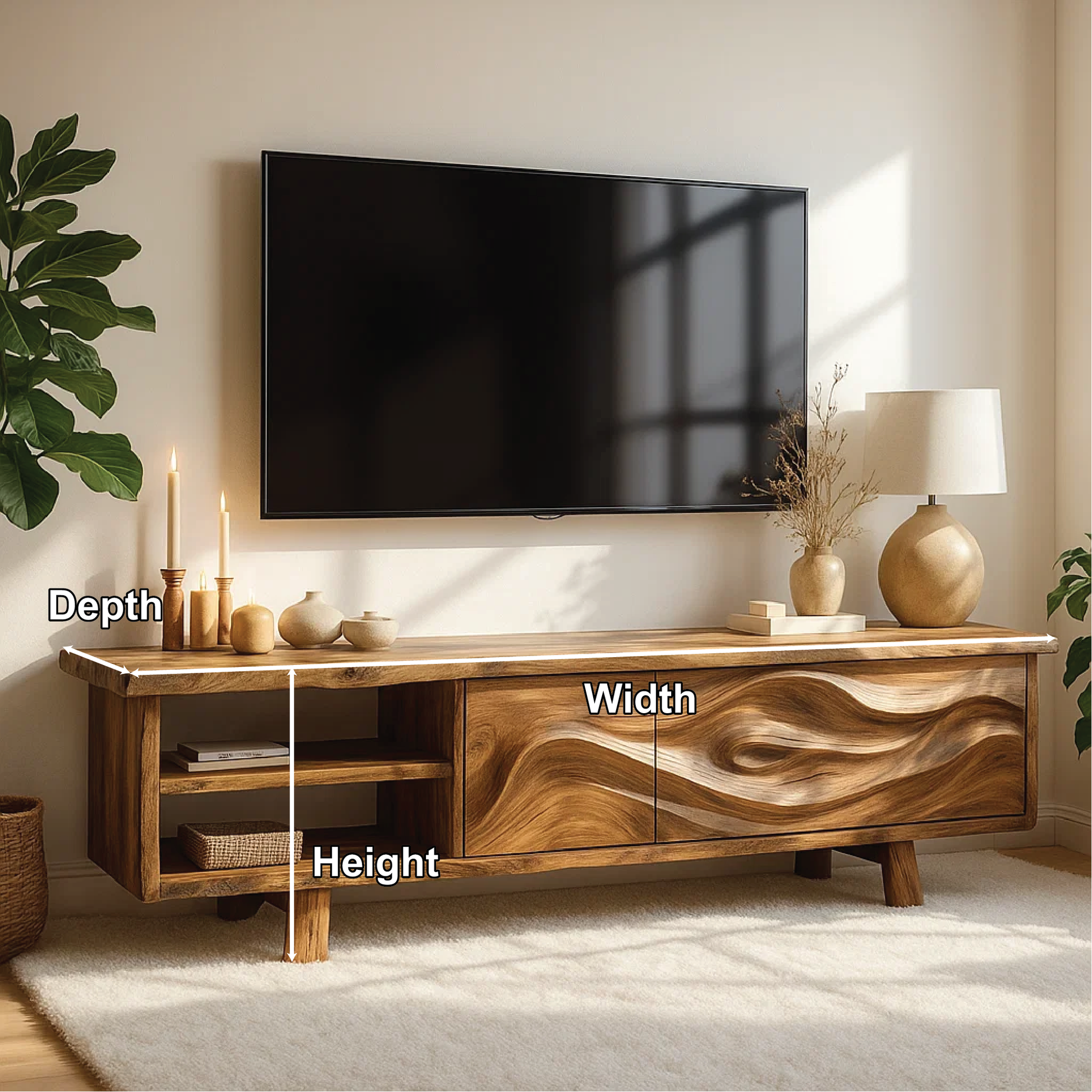 Handcrafted Solid Wood TV Stand with Wave Carved Doors and Natural Finish for Modern Living Rooms Kitchnce
