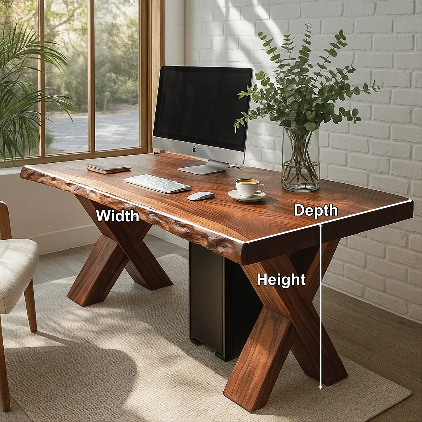 Handcrafted Solid Wood Work Desk – Live Edge Office Table with X-Leg Base and Natural Finish Kitchnce