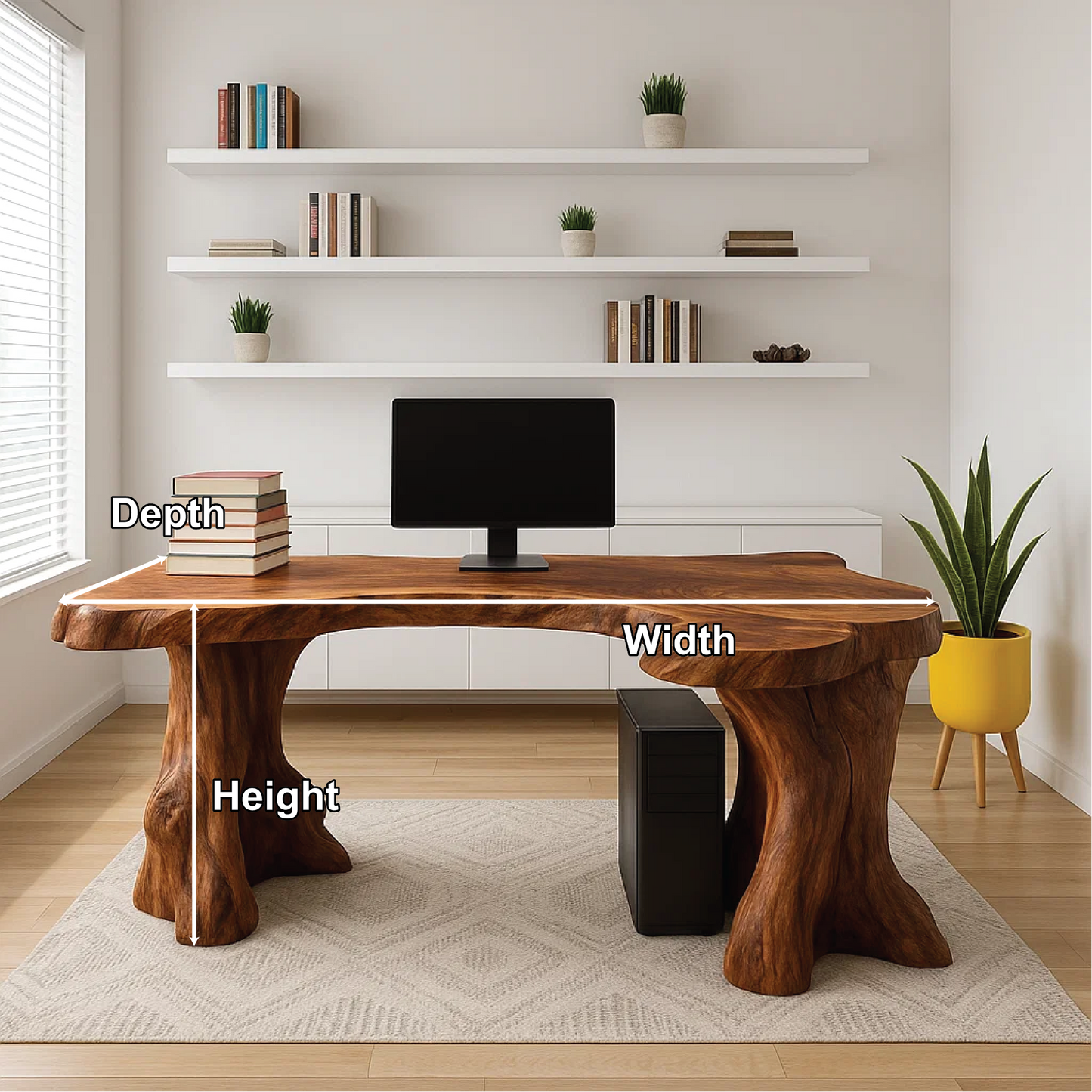 Handcrafted Solid Wood Executive Desk – Live Edge Office Table with Natural Tree Trunk Base Design Kitchnce
