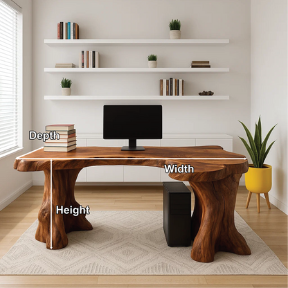 Handcrafted Solid Wood Executive Desk – Live Edge Office Table with Natural Tree Trunk Base Design Kitchnce