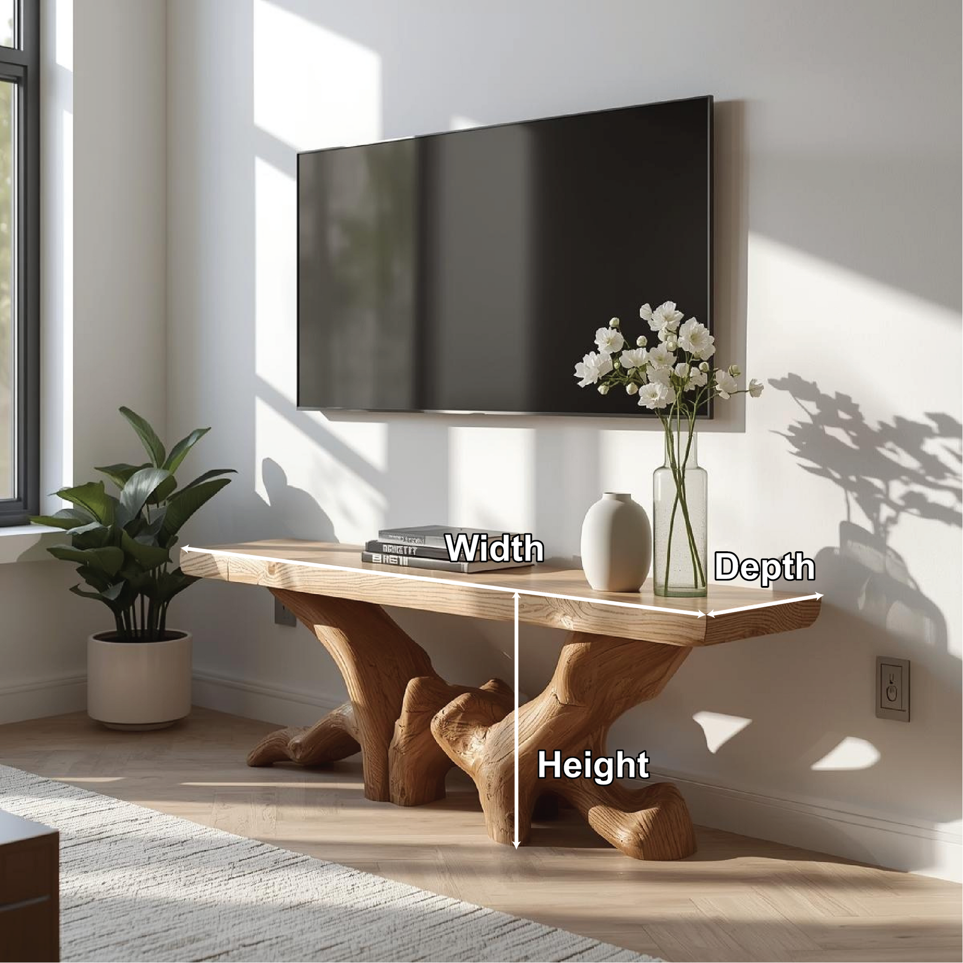 Rustic Solid Wood TV Stand Sculptural Media Console Natural Wood Entertainment Table Kitchnce