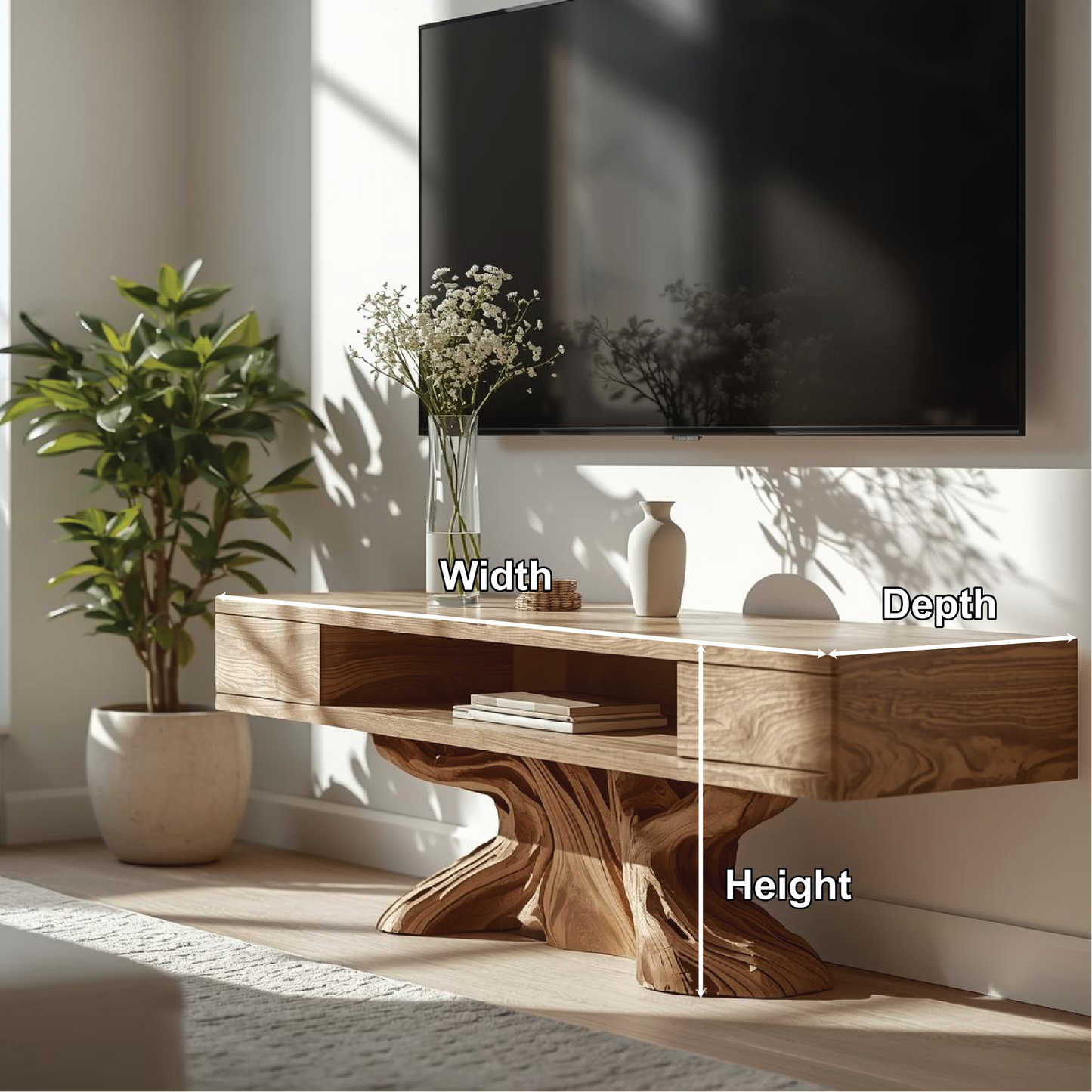 Rustic Solid Wood TV Stand Sculptural Base Media Console Modern Entertainment Center Kitchnce