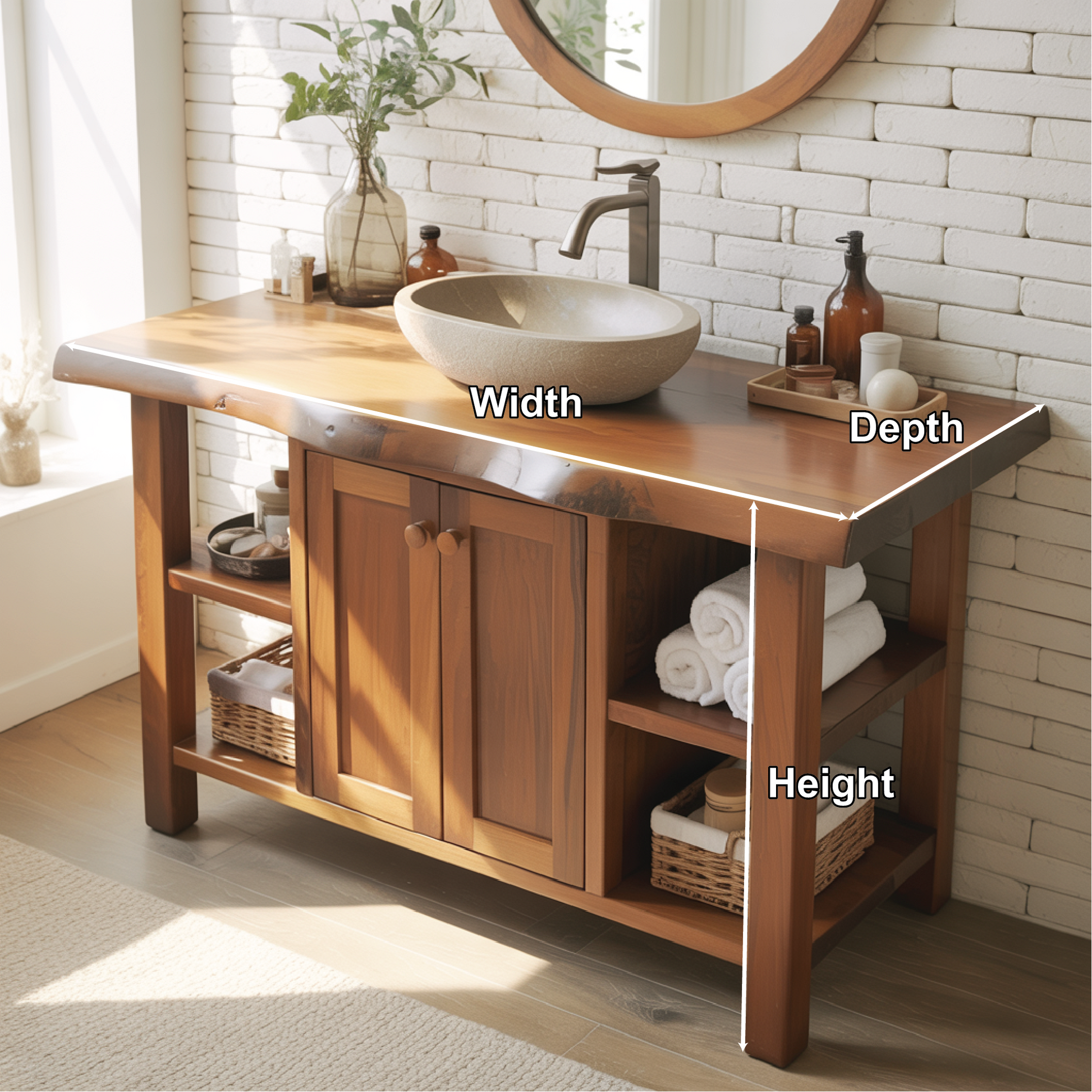 Rustic Solid Wood Bathroom Vanity Cabinet With Doors And Open Shelves Kitchnce