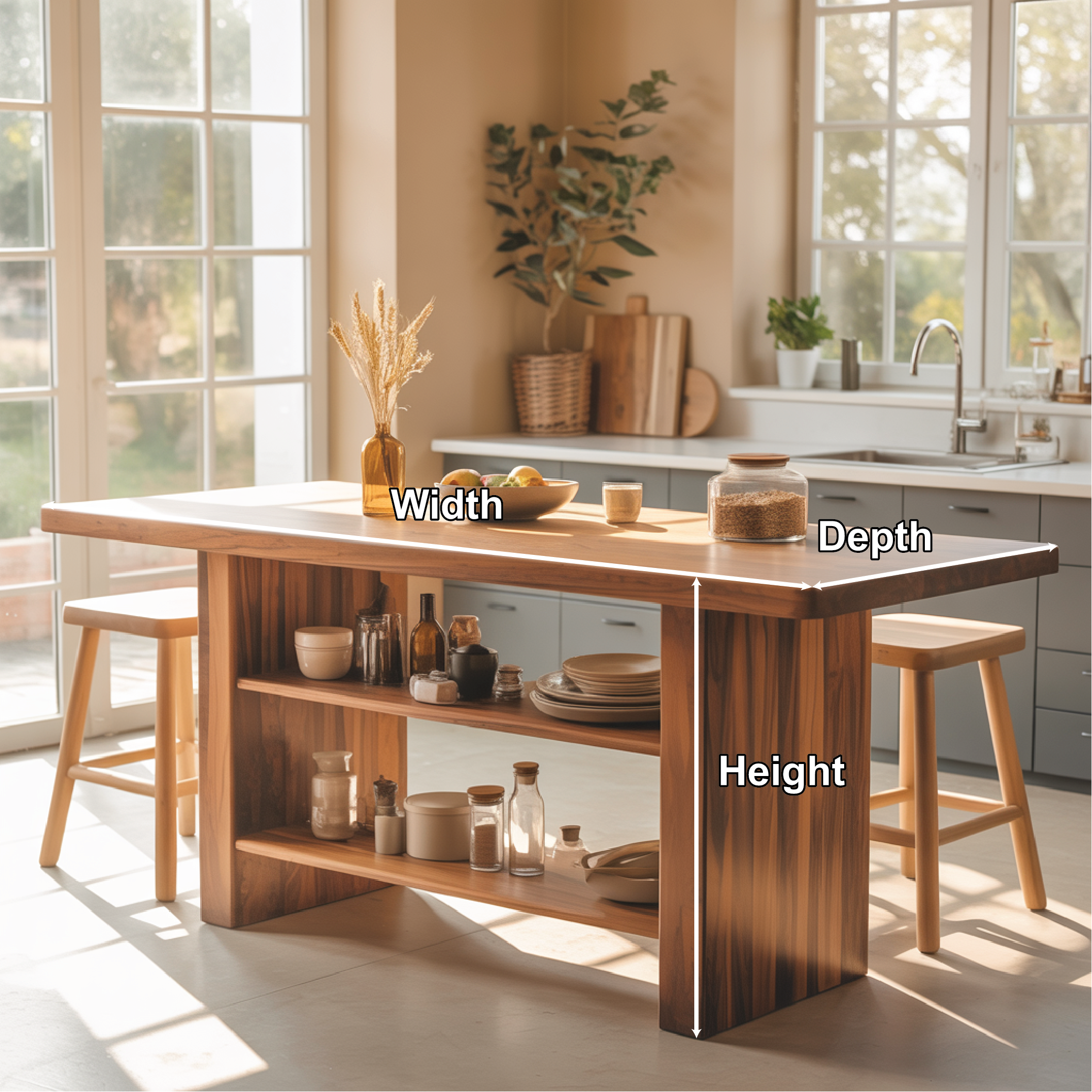 Modern Dining Table with Open Storage Shelves and Bar Seating, Multifunction Kitchen Island Table