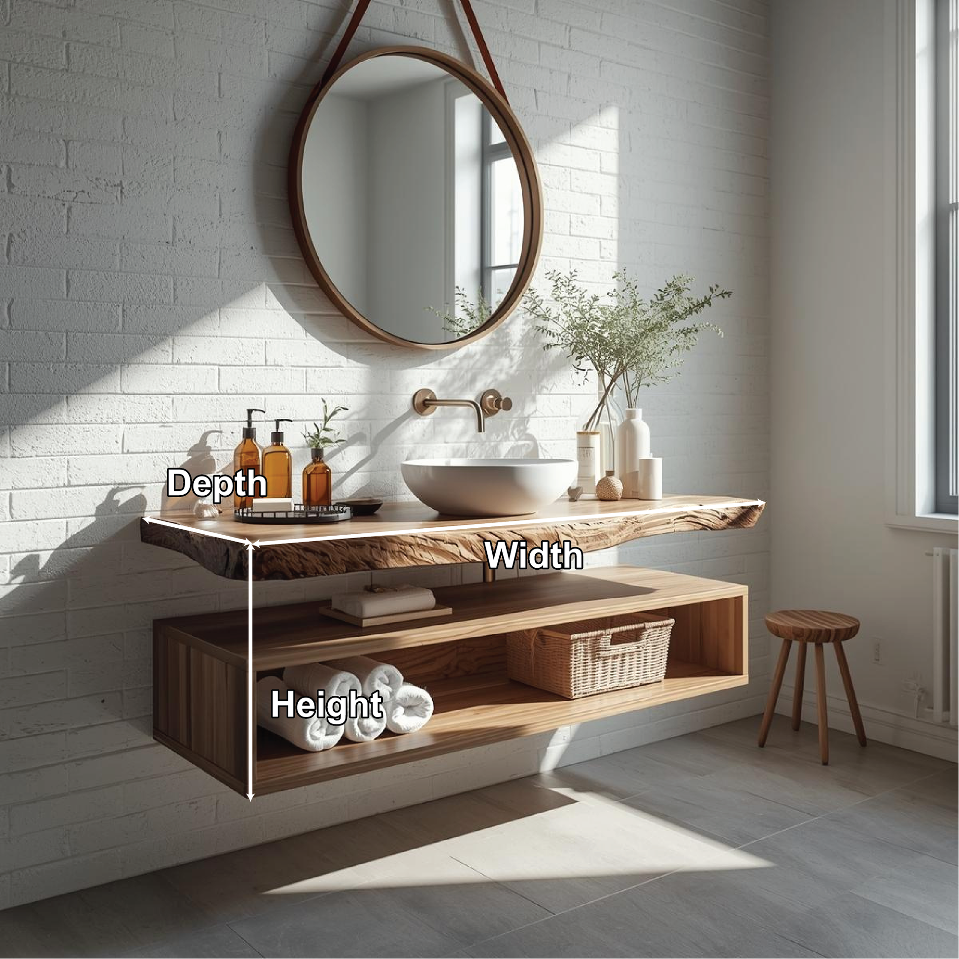 Handcrafted Solid Wood Floating Vanity with Natural Live Edge Top and Modern Minimalist Style Kitchnce