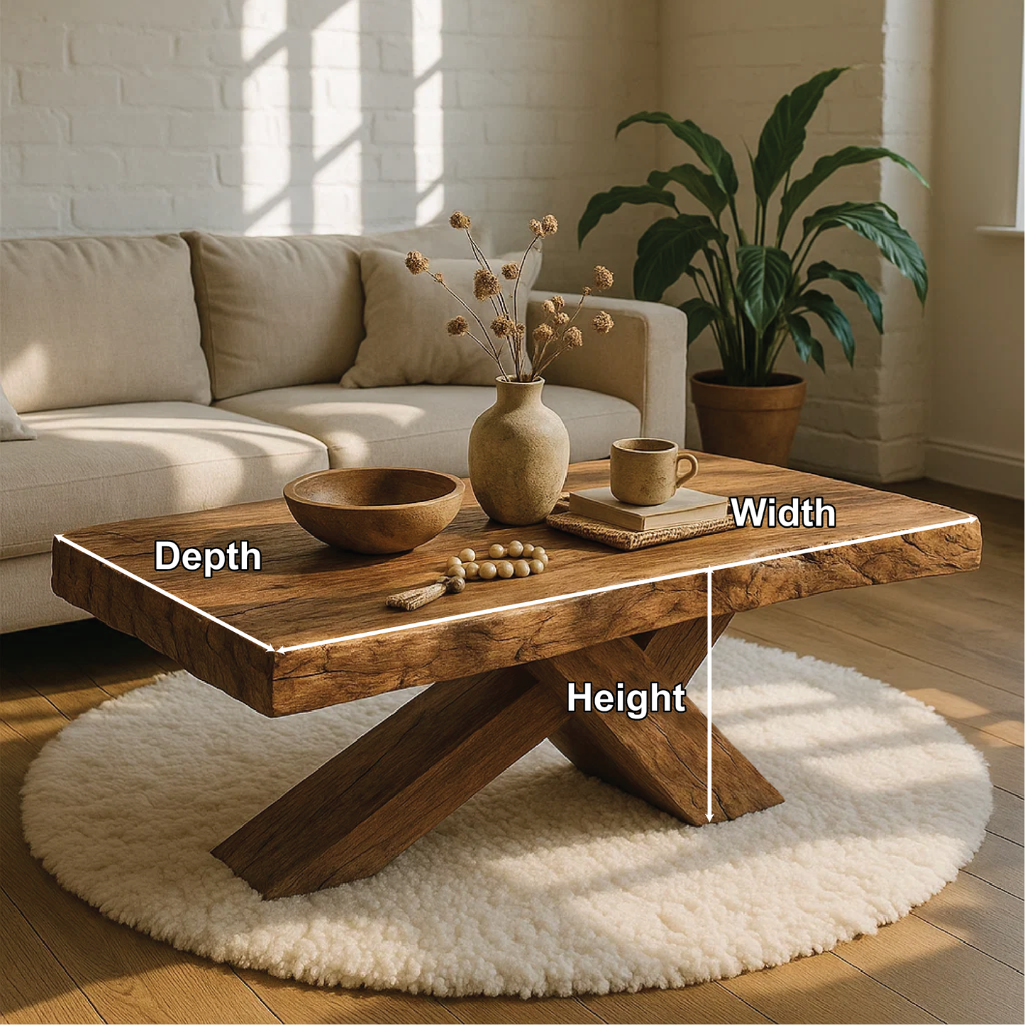 Handcrafted Solid Wood Coffee Table with Rustic Live Edge and Cross-Leg Modern Design Kitchnce