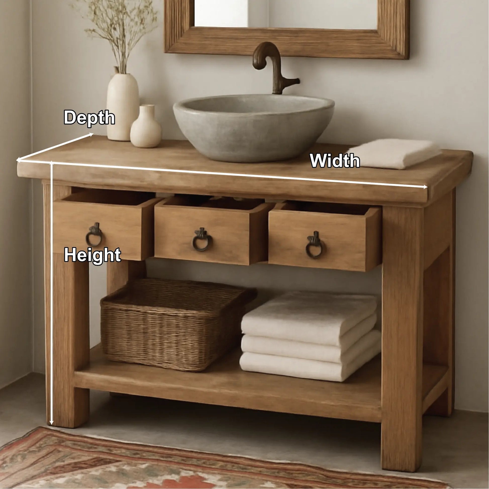 Handcrafted Solid Wood Bathroom Vanity with Rustic Drawers and Open Shelf for Natural Interiors Kitchnce
