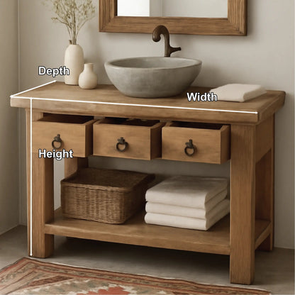 Handcrafted Solid Wood Bathroom Vanity with Rustic Drawers and Open Shelf for Natural Interiors Kitchnce