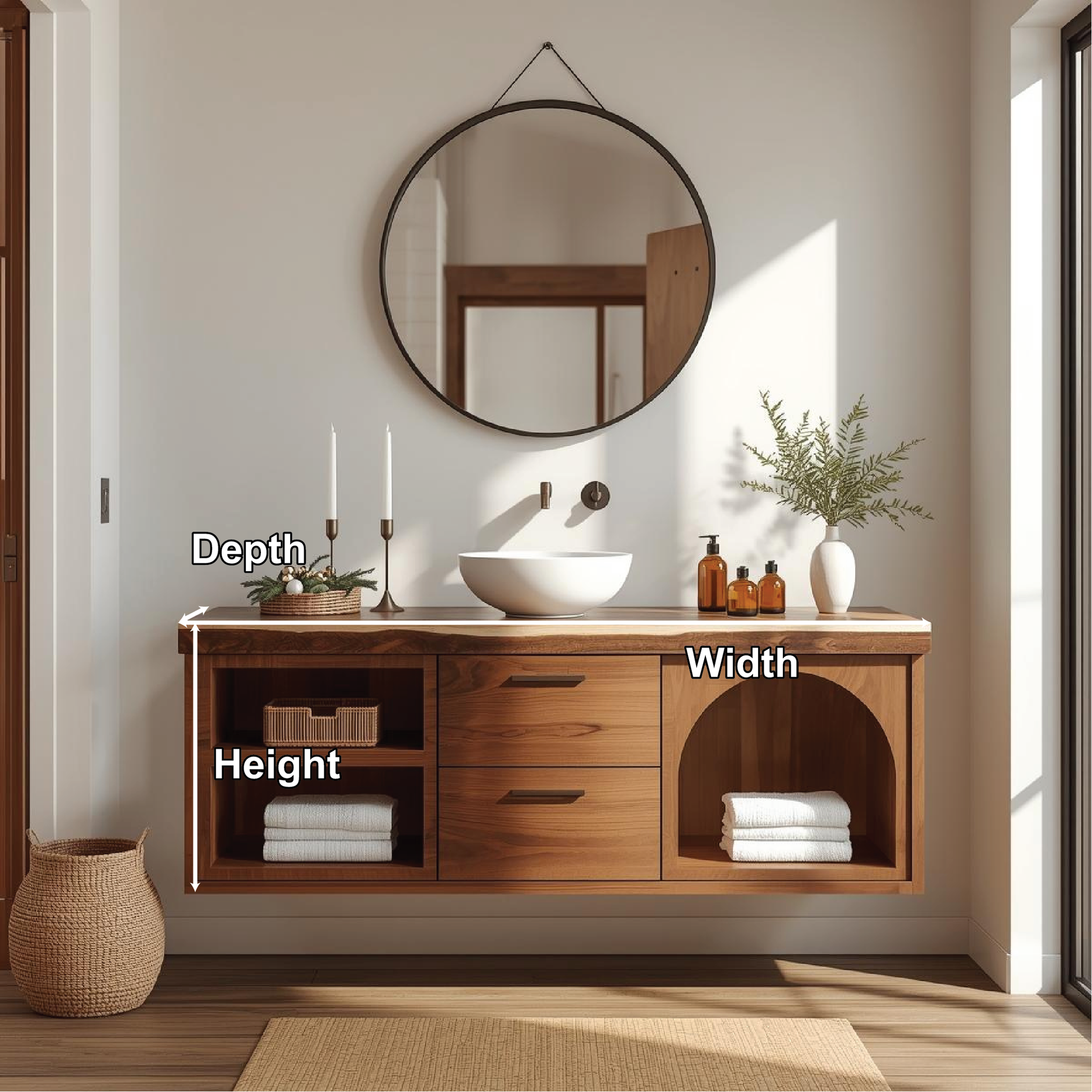 Handcrafted Solid Wood Floating Vanity with Arched Shelves and Contemporary Natural Finish Kitchnce