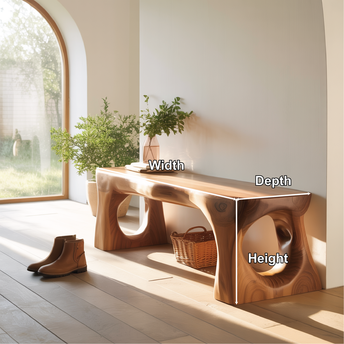 Handcrafted Solid Wood Entryway Bench with Sculpted Organic Cutout Base and Smooth Finish Kitchnce