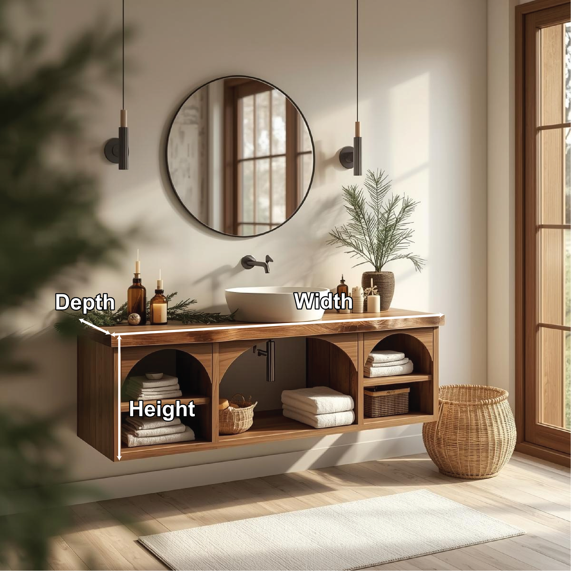 Handcrafted Solid Wood Floating Vanity with Arched Shelves and Natural Live Edge Design Kitchnce