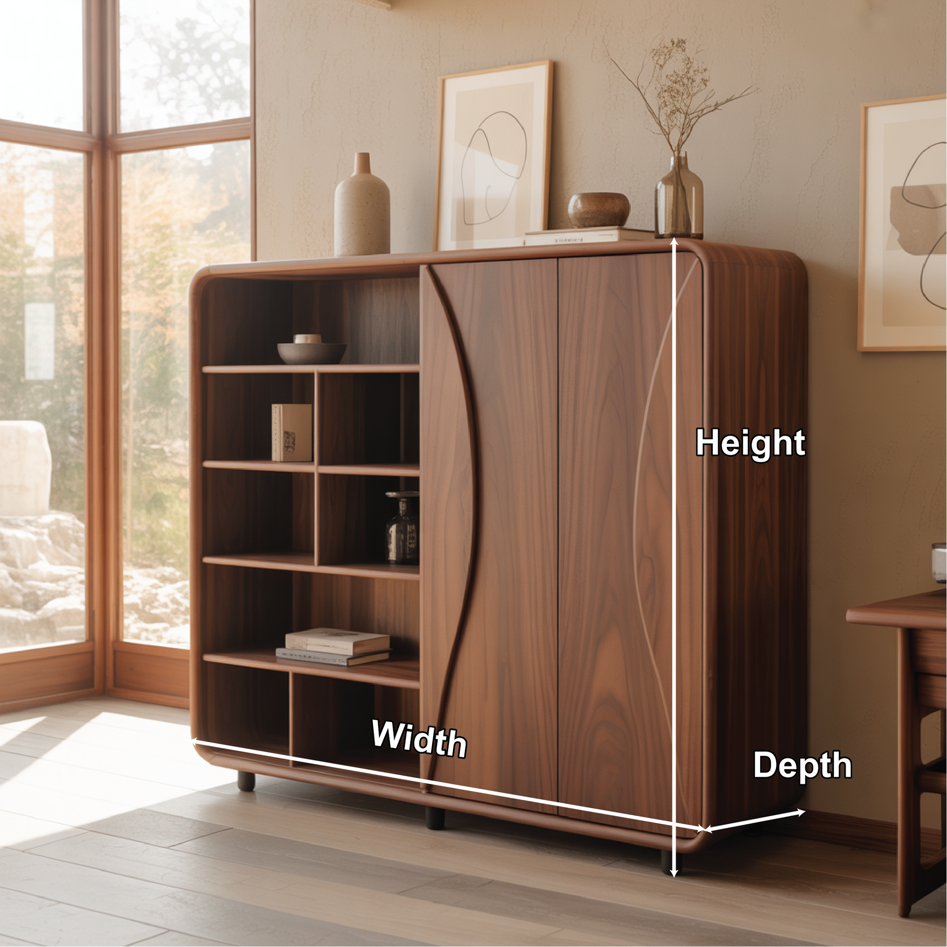 Handcrafted Solid Wood Dining Cabinet with Open Shelves and Curved Door Design for Modern Homes Kitchnce
