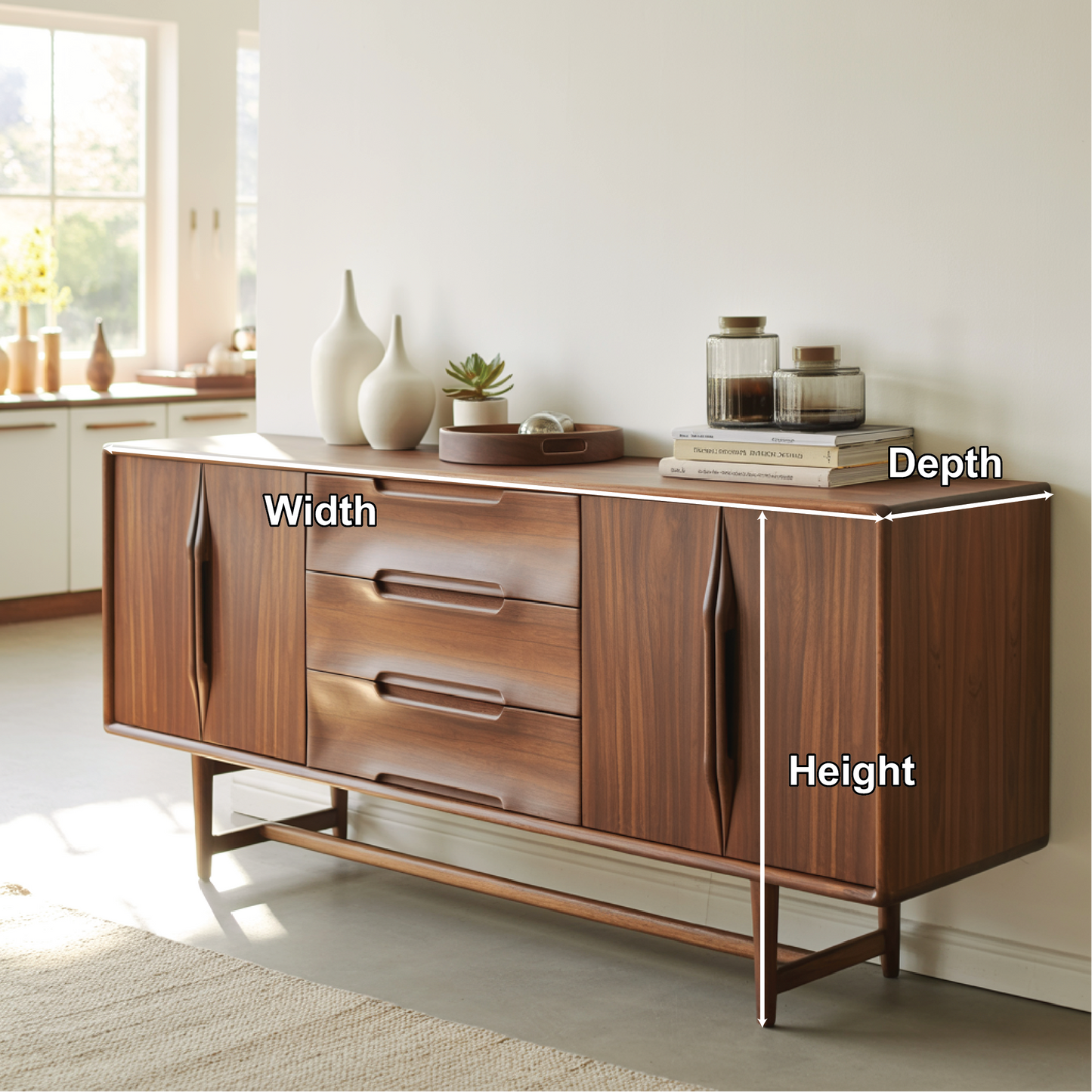 Handcrafted Solid Wood Dining Storage Sideboard with Sculpted Handles and Mid-Century Design Kitchnce
