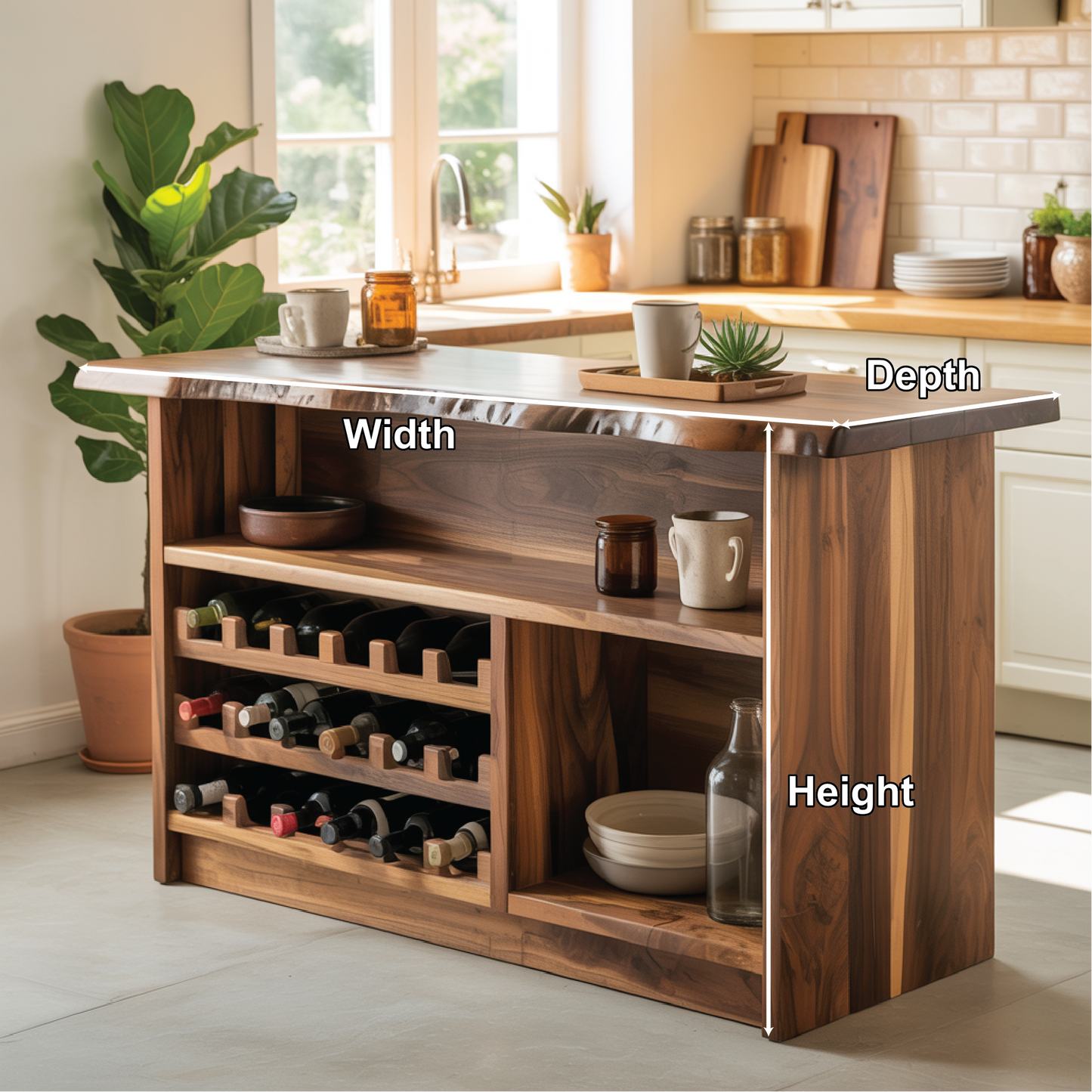 Handcrafted Solid Wood Wine Cabinet with Live Edge Design for Dining Room Storage and Display Kitchnce