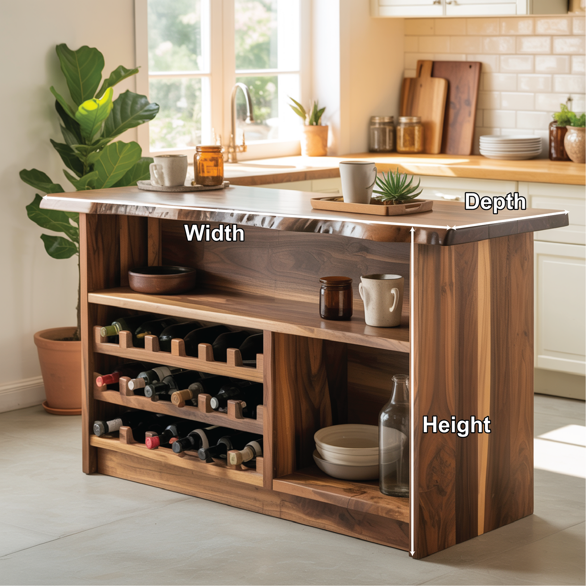 Handcrafted Solid Wood Wine Cabinet with Live Edge Design for Dining Room Storage and Display Kitchnce