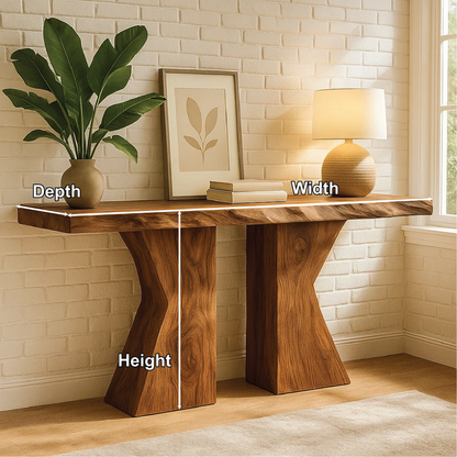 Handcrafted Solid Wood Console Table with Sculptural Base and Natural Live Edge Design Kitchnce