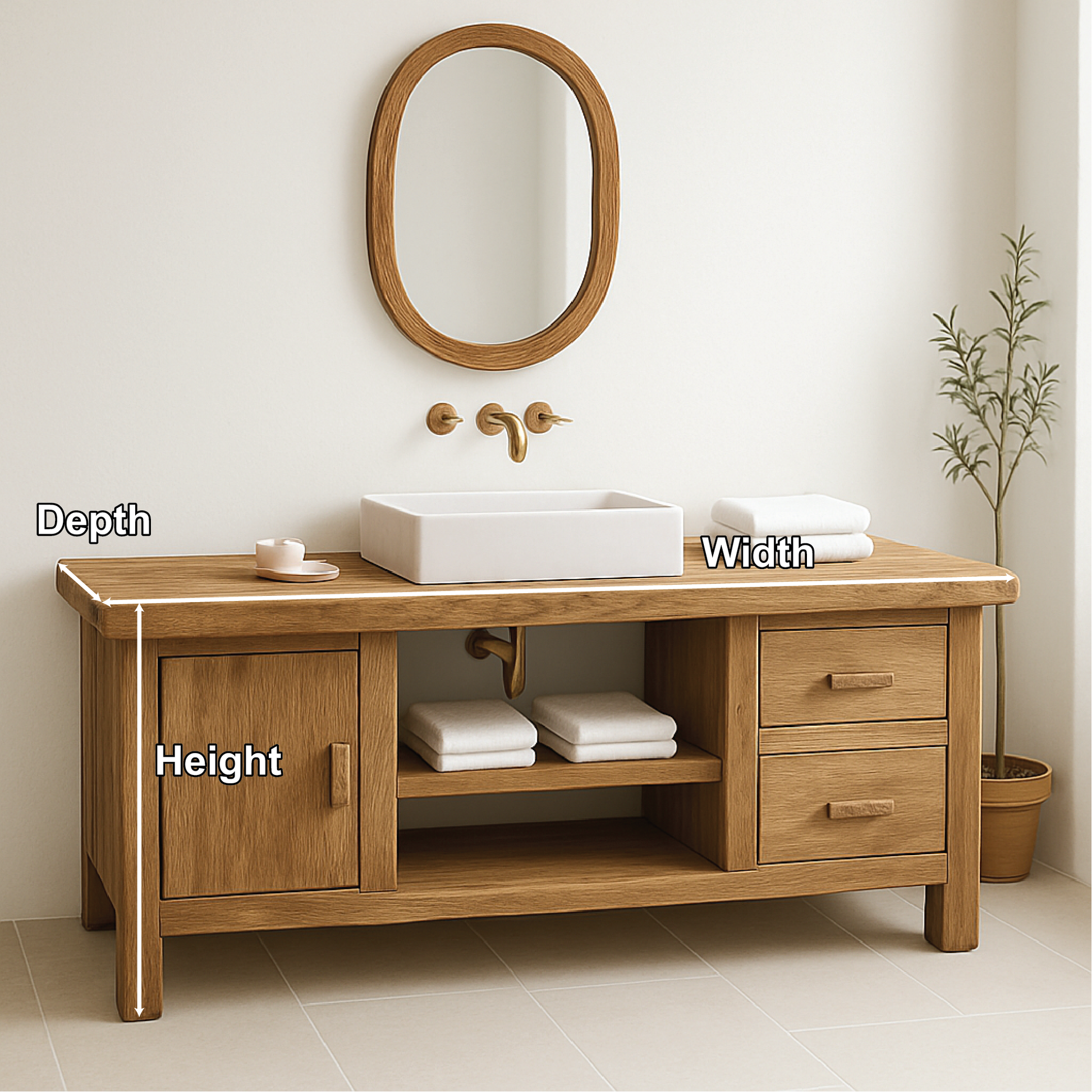 Handcrafted Solid Wood Bathroom Vanity with Drawers and Cabinet in Minimalist Natural Finish Kitchnce