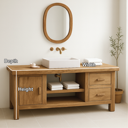 Handcrafted Solid Wood Bathroom Vanity with Drawers and Cabinet in Minimalist Natural Finish Kitchnce