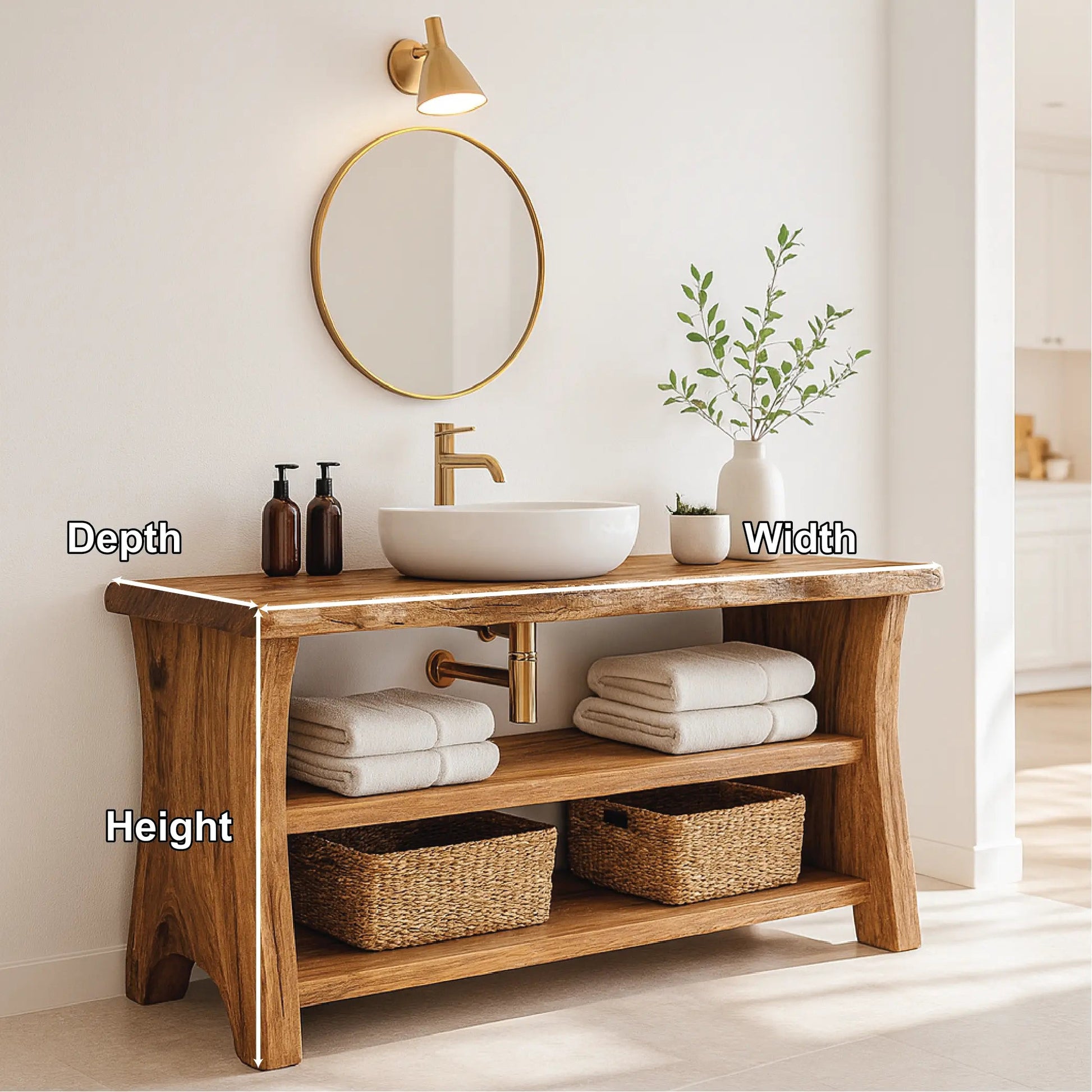 Handcrafted Solid Wood Bathroom Vanity with Live Edge Design and Open Shelf Bathroom Storage Kitchnce