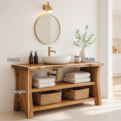 Handcrafted Solid Wood Bathroom Vanity with Live Edge Design and Open Shelf Bathroom Storage Kitchnce