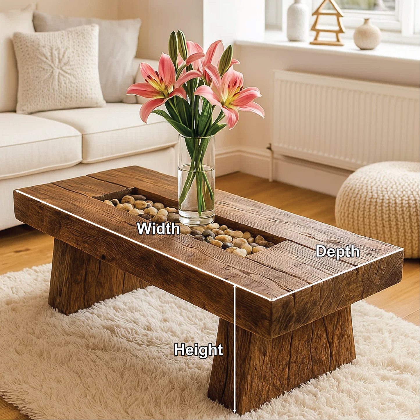Handcrafted Solid Wood Coffee Table with Rustic Live Edge Design and Natural Stone Centerpiece Kitchnce