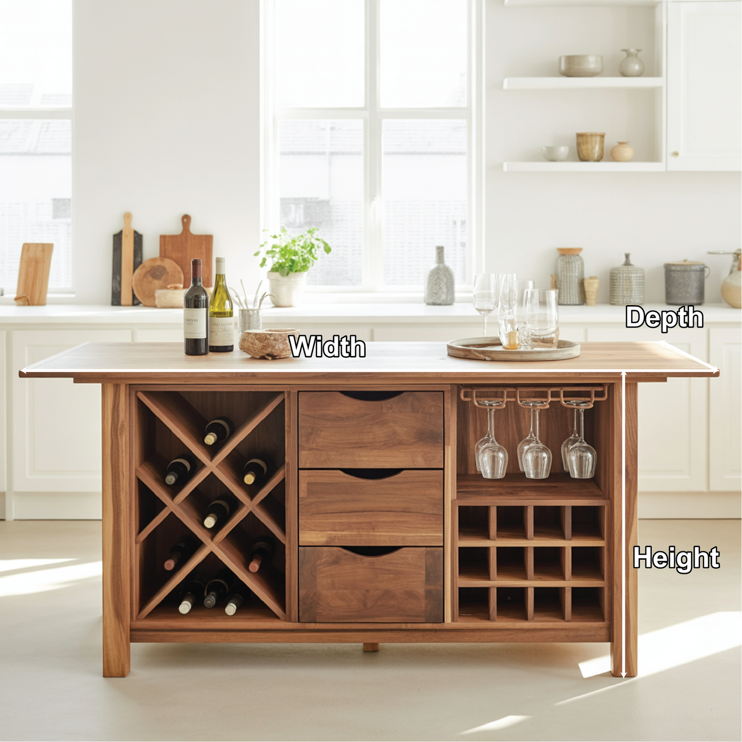 Handcrafted Solid Wood Dining Cabinet with Wine Storage, Drawers, and Hanging Glass Rack Kitchnce