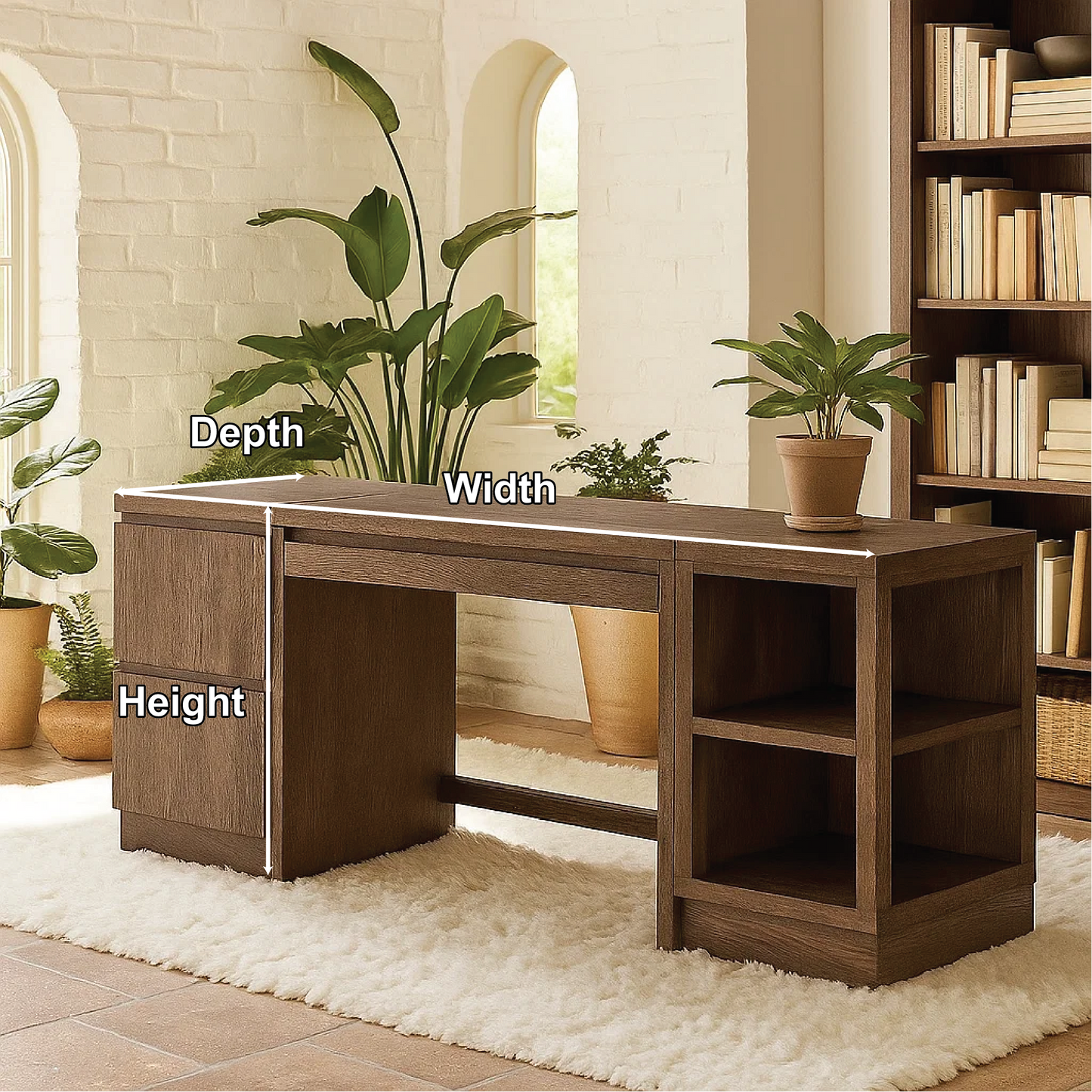 Handcrafted Solid Wood Work Desk – Modern Office Table with Storage Drawers and Open Shelves Kitchnce