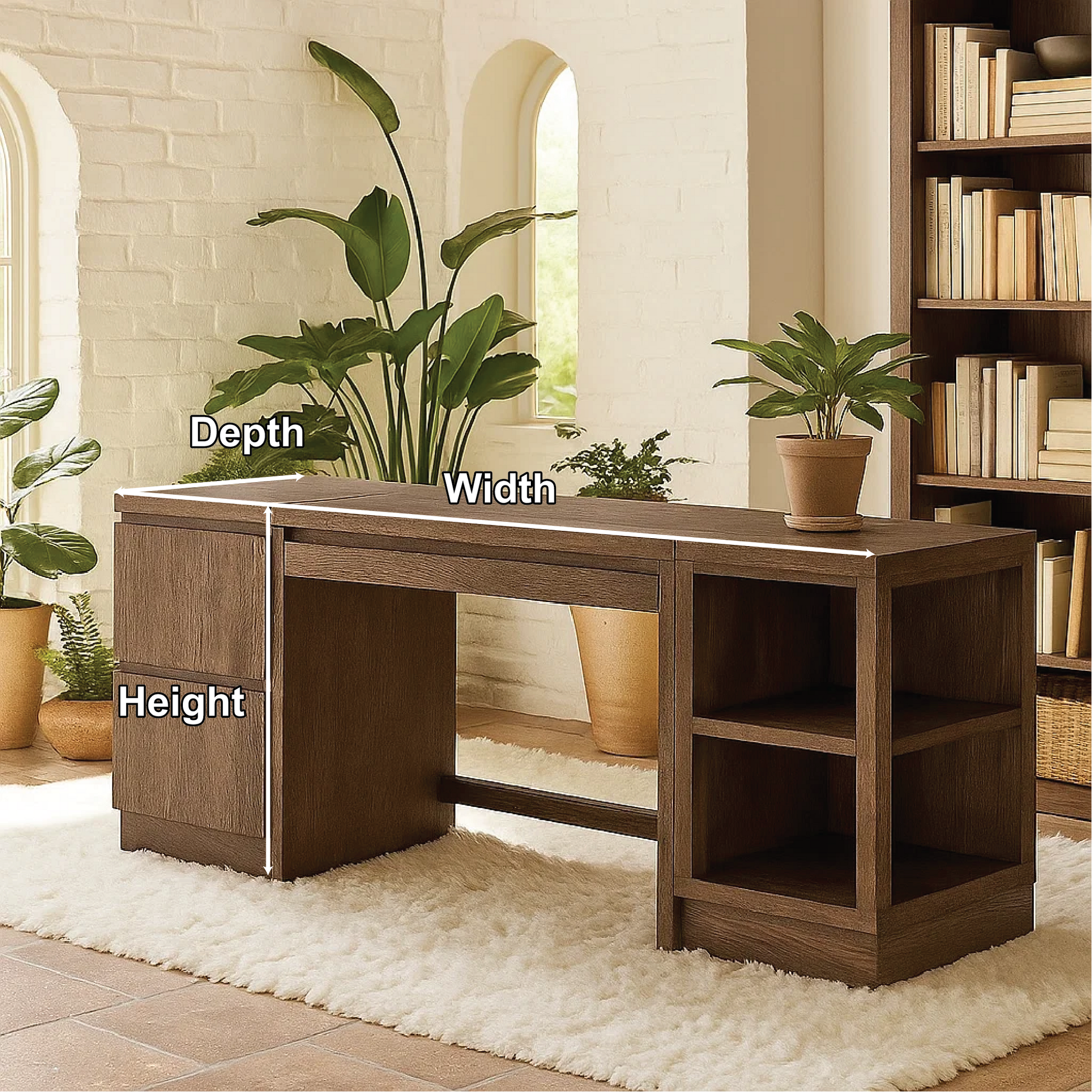 Handcrafted Solid Wood Work Desk – Modern Office Table with Storage Drawers and Open Shelves Kitchnce