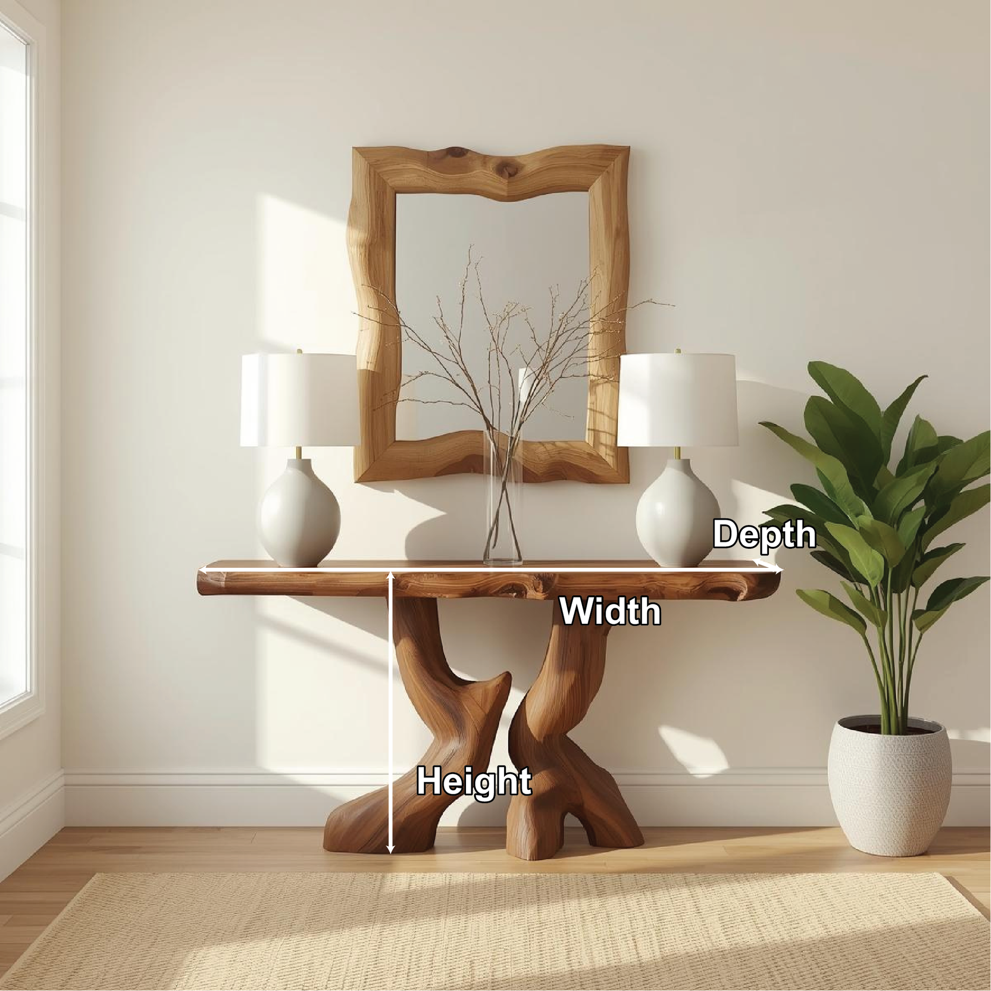 Handcrafted Solid Wood Console Table with Artistic Curved Base and Natural Live Edge Design Kitchnce